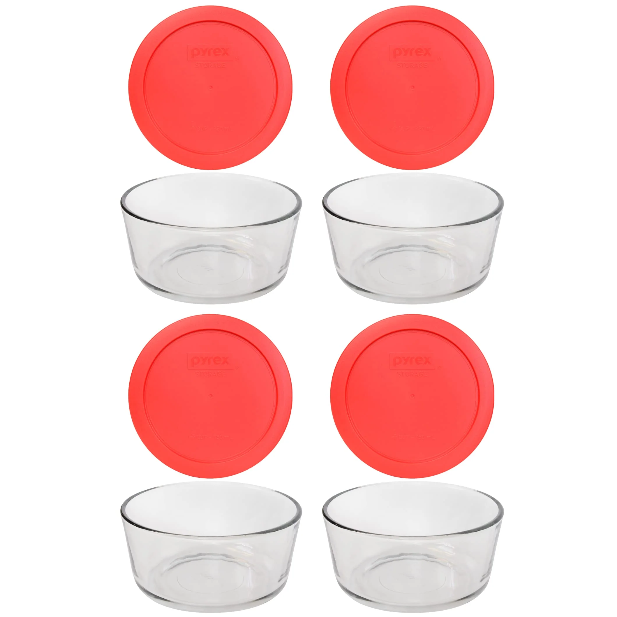 Durable Pyrex Storage 4-Cup Round Dish with Red Plastic Cover Clear Case of 4 Containers Long-Lasting