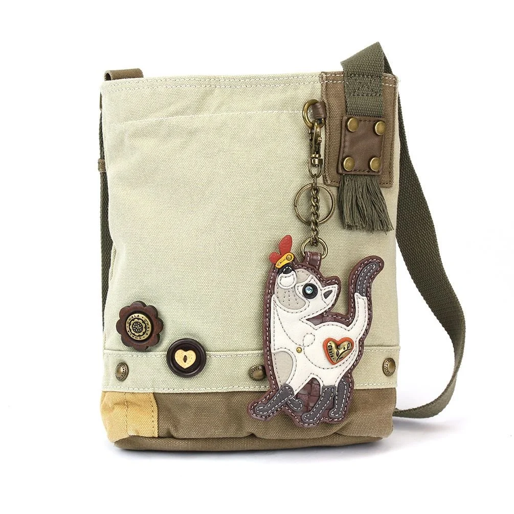 Secure CHALA Womens' Canvas Patch Crossbody Handbag with Keyfob- Sand Slim Cat - Sand Green