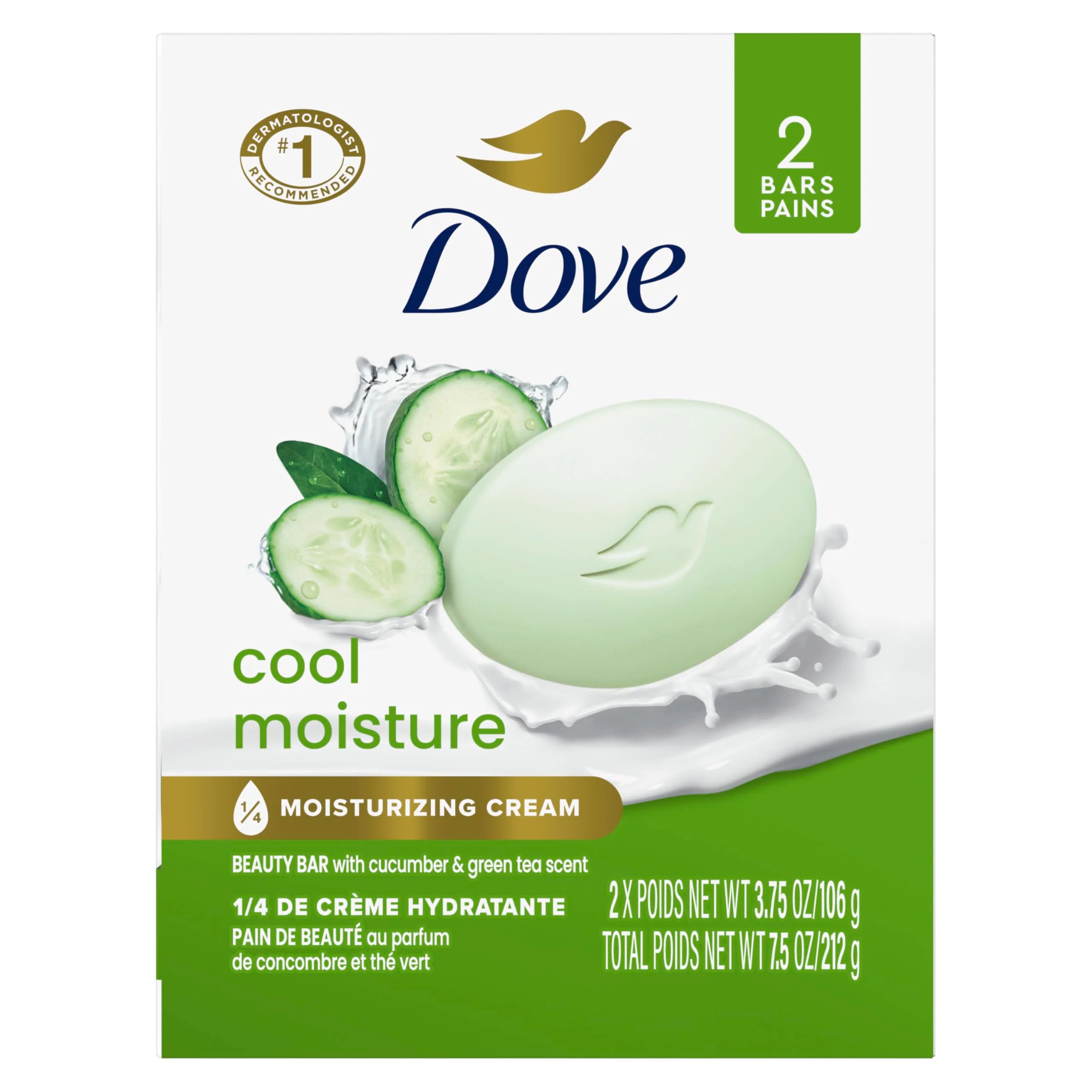 Traditional Dove Beauty Bar Soap Cool Moisture Cucumber Green Tea Scent 2 Bars for Refreshed Skin Leaves Skin Refreshed 3.75 oz Premium Material