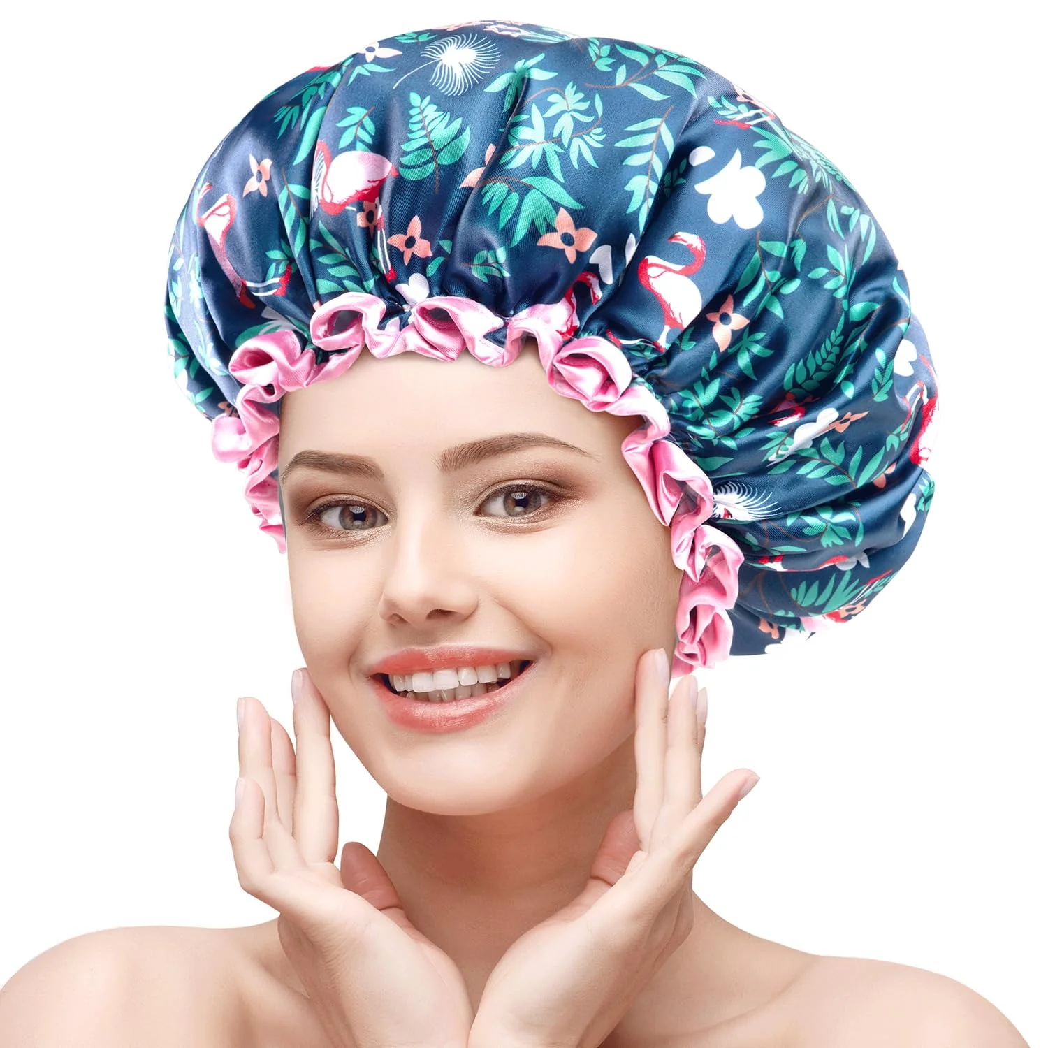 Unique mikimini Large Shower Cap for Women Long Hair Flamingo Shower Caps with Pink Lace Double-layer Waterproof Reusable Washable X-Large Pack of 1 Selected
