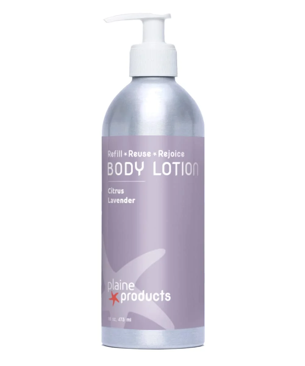 Classic Plaine Products Eco-Friendly Body Lotion Citrus Lavender 16 oz Refillable Aluminum Bottle with Pump Healthy