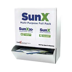 Versatile SunX SPF-30 Single-Use Sunscreen Lotion Towelette Combo in Wallmount Dispenser Box of 50 Long-Lasting