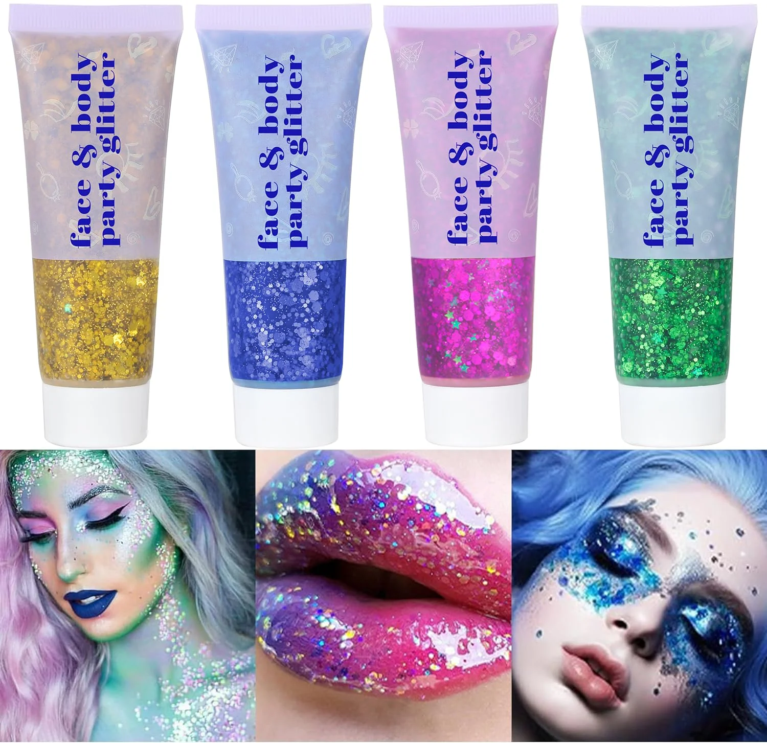 Exceptional DBEAUTYM 4 Colors Body Glitter Gel Face Body Sparkling Holographic Gel Long Lasting Chunky Sequins Glitters for Eye Lip Hair Nails Festival Rave Powerful