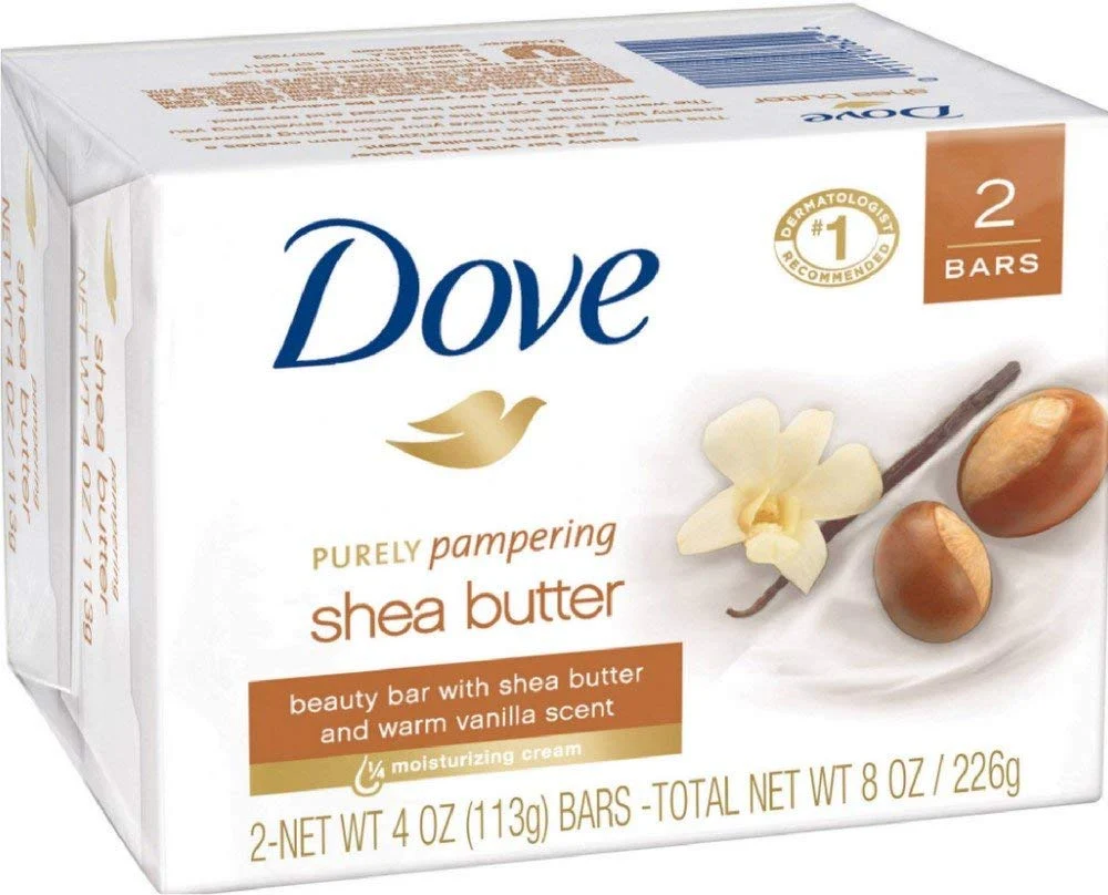 Certified Dove Beauty Bar Soap - Purely Pampering - Shea Butter - 2 Count 4 OZ Bars Per Package - Pack of 2 Packages Total of 4 Bars Recyclable