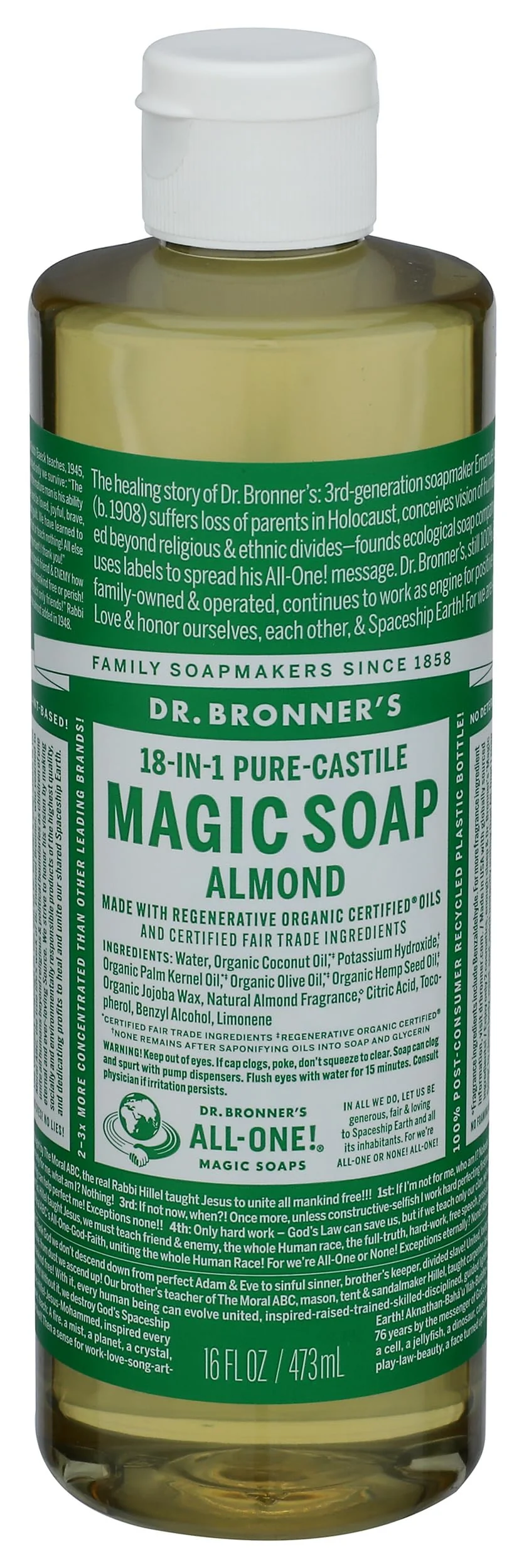 Original Design Dr. Bronner's 18-in-1 Hemp Almond Pure-Castile Liquid Soap 1 Pound Pack of 1 . Clean