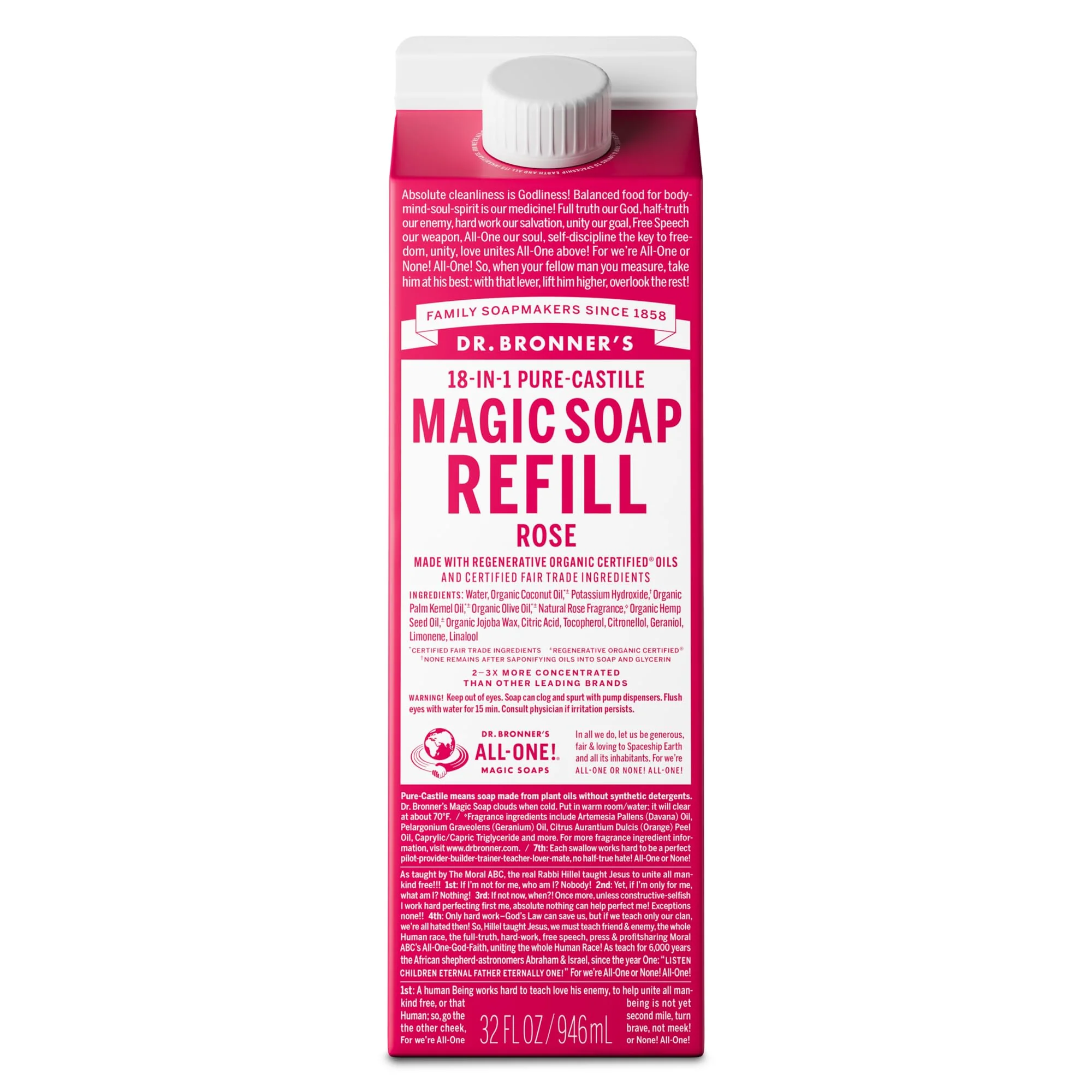 Trusted Dr. Bronner's Soap-Pure-Castile Liquid Soap Refill Rose 32 ounce 1-Pack -Regenerative Organic Oils For Body Hair Laundry Pets Professional