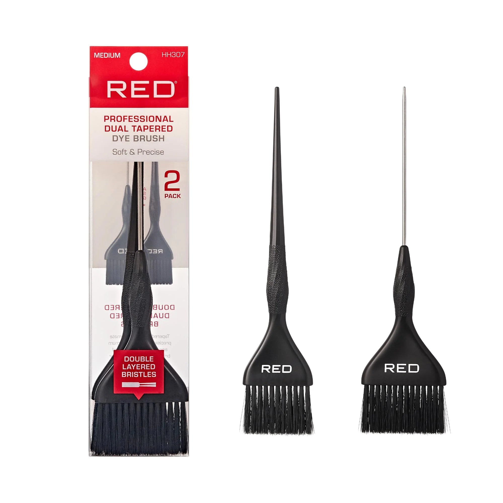 Specialty RED by Kiss Professional Dual Tapered Hair Dye Brush Double Layered Bristles Non-Slip Spiral Handle Salon Precision Tool Medium 2PK Easy-to-Use
