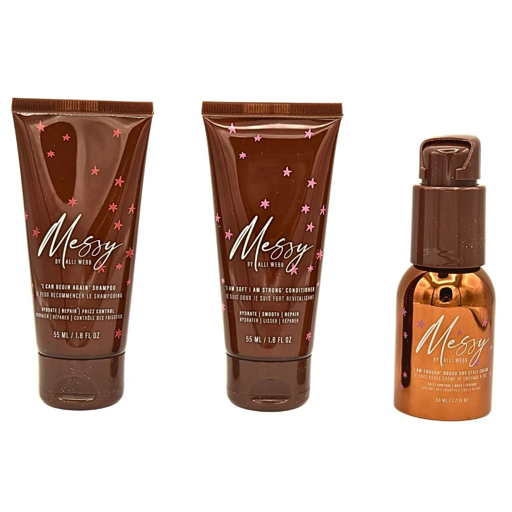 Safe Messy Webb Hot Mess Mini Hair Styling Set for Frizz Control Hydration Shampoo Conditioner Styling Cream 5.4 fl oz Total Secure