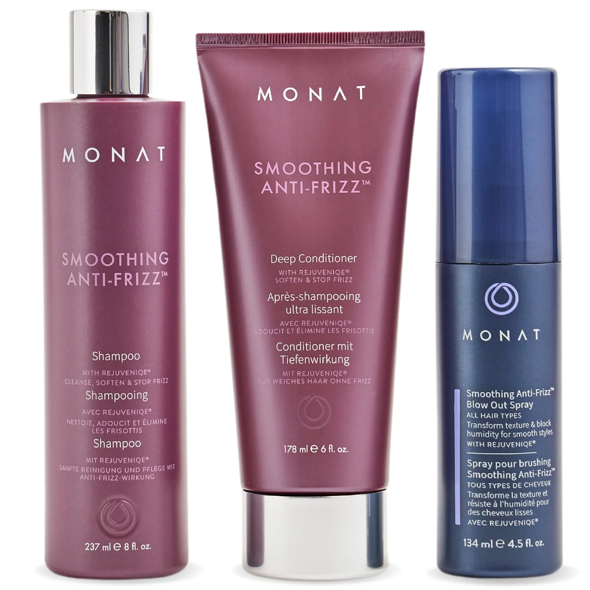 Artisan MONAT Smoothing Anti Frizz System - Frizz Resistant Hair Care with Anti Frizz Shampoo Frizz Control Conditioner Blowout Styling Spray - Professional Refined
