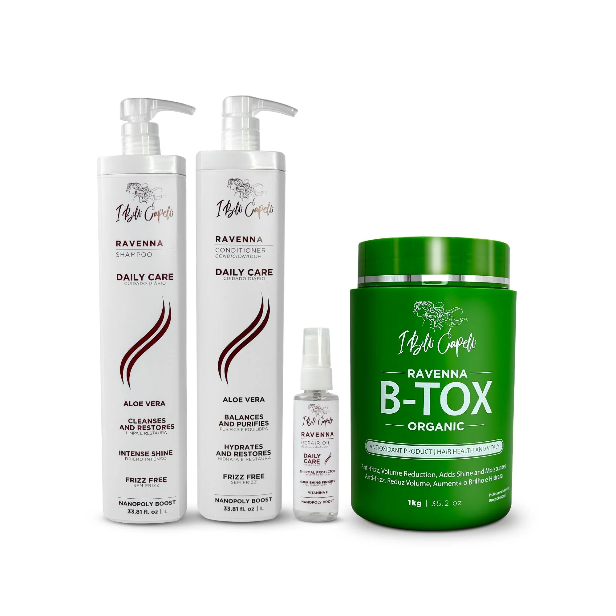 Durable I Belli Capelli Ravenna Hair Straightening Kit - Organic Hair B-tox Aloe Vera Shampoo Conditioner Repair Oil - Anti-Frizz Intense Hydration Elegant
