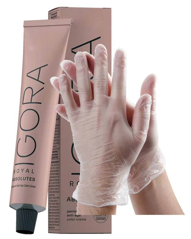 Unique IgoraAbsolutes 6-70 Dark Blonde Copper Natural Permanent Hair Color 2 Fl Oz and Clear Powdered Medium Vinyl Gloves Bundle Eco-Friendly