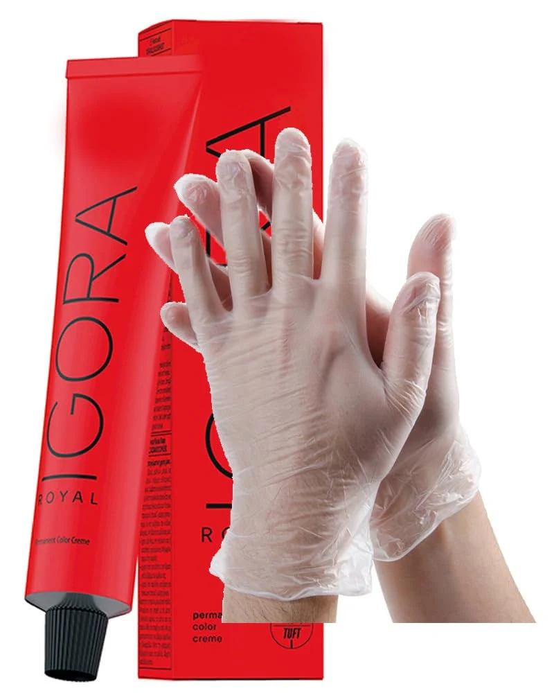 Trendy IgoraRoyal 9-65 Extra Light Blonde Chocolate Gold Permanent Hair Color 2 Fl Oz and Clear Powdered Medium Vinyl Gloves Bundle Trusted