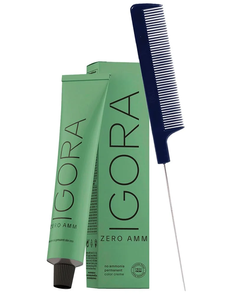 Casual Igora Zero AMM 9-00 Extra Light Blonde Extra Hair Color No Ammonia Permanent Color Creme Hair Dye 2.1 oz and M Hair Designs Pin Tail Comb Bundle Minimalist