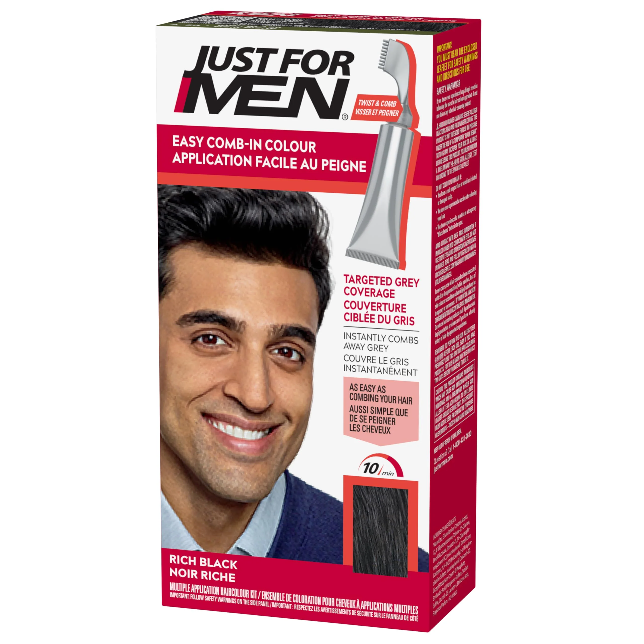 Crafted Just For Men Easy Comb-In Color Mens Hair Dye Easy No Mix Application with Comb Applicator - Rich Black A-65 Pack of 1 Lightweight