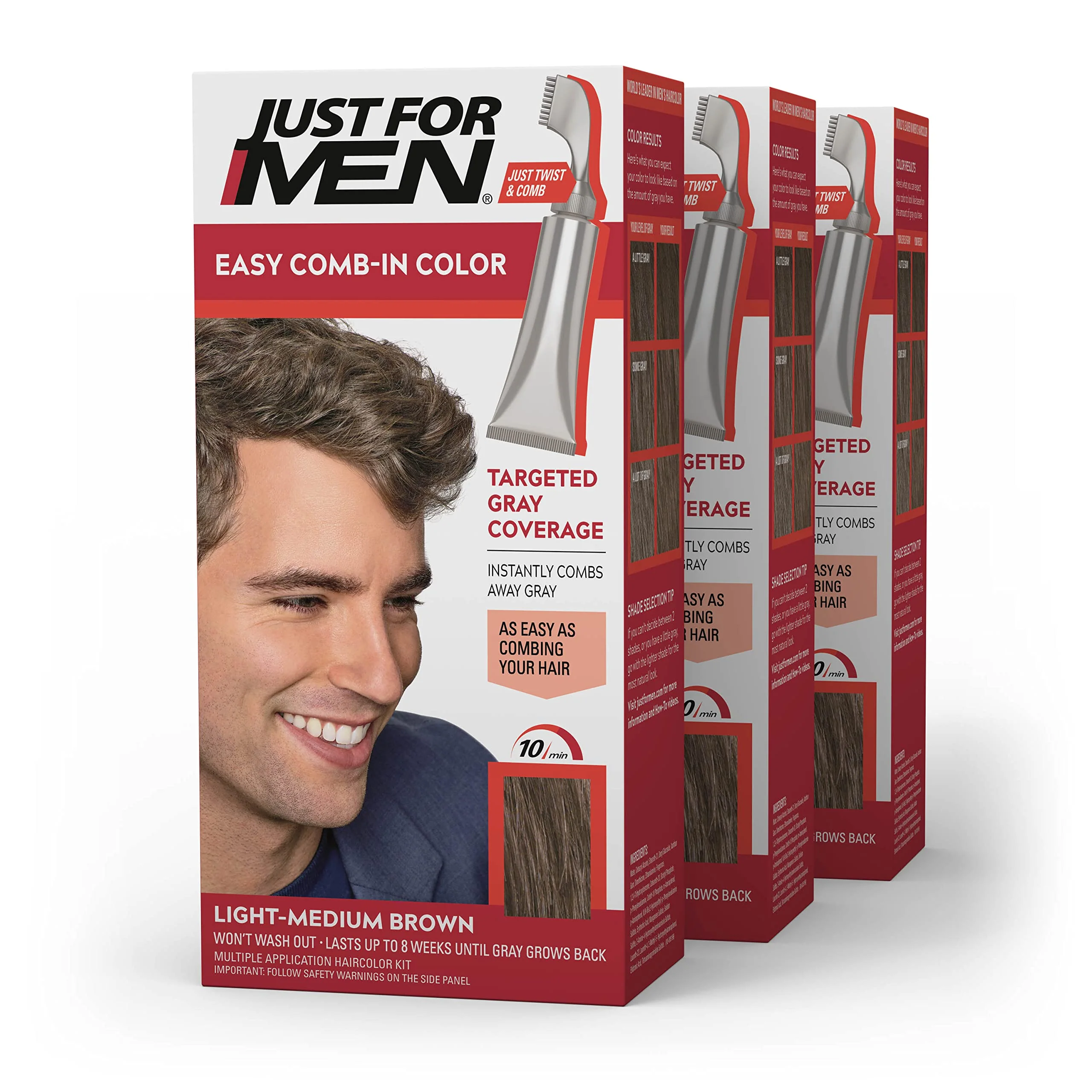 Practical Just For Men Easy Comb-In Color Mens Hair Dye Easy No Mix Application with Comb Applicator - Light-Medium Brown A-30 Pack of 3 Reliable
