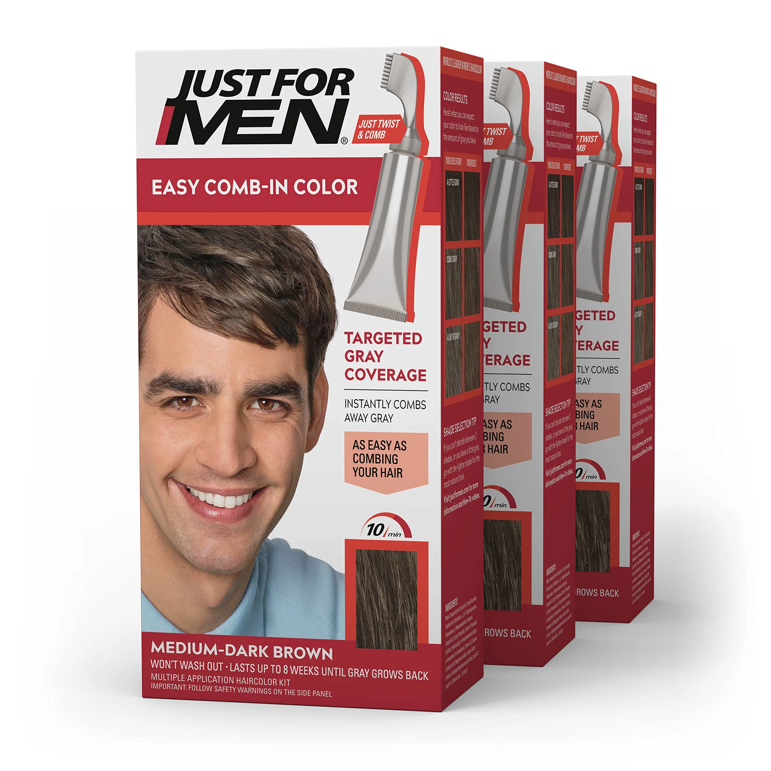 Flexible Just For Men Easy Comb-In Color Mens Hair Dye Easy No Mix Application with Comb Applicator - Medium-Dark Brown A-40 Pack of 3 Excellent