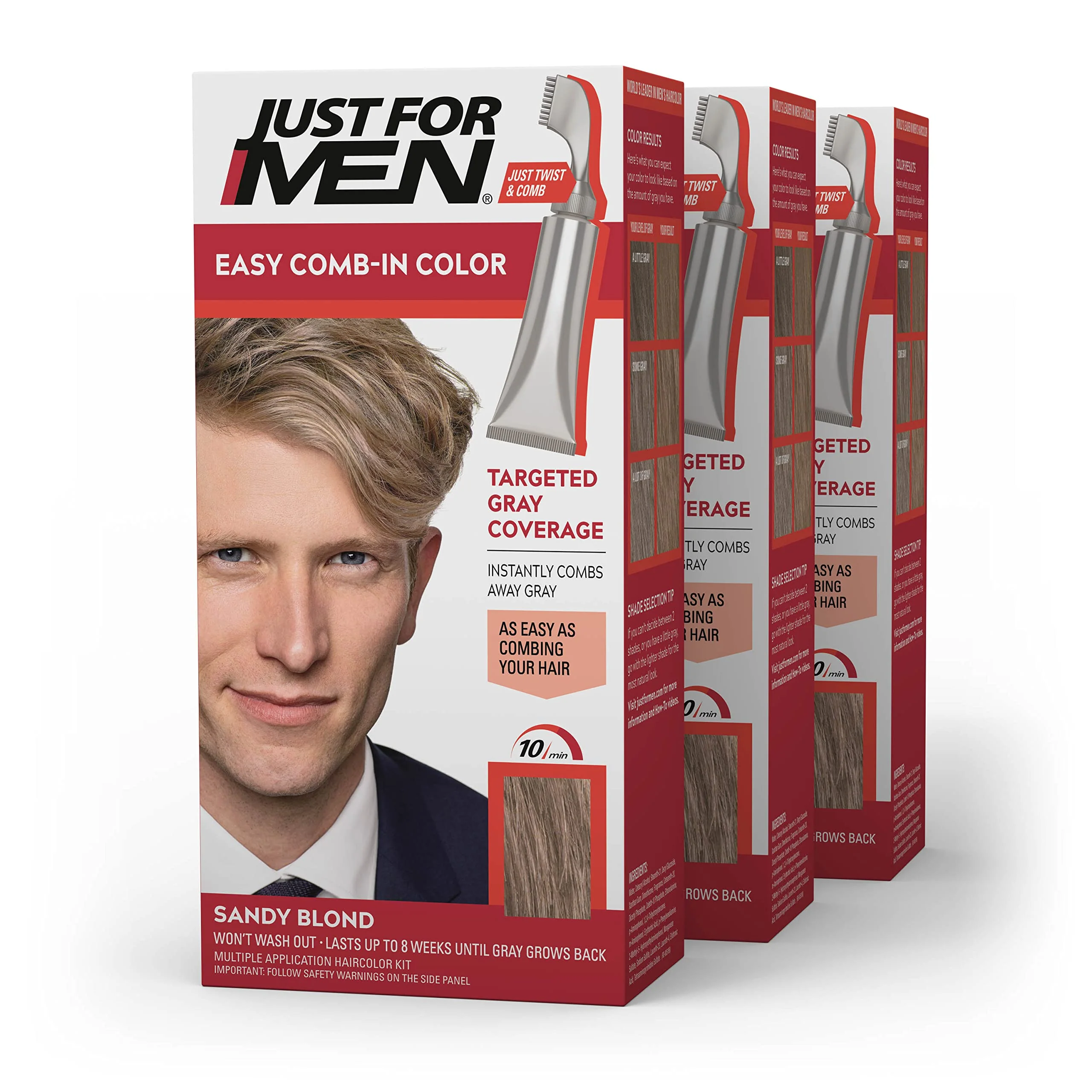 Organic Just For Men Easy Comb-In Color Mens Hair Dye Easy No Mix Application with Comb Applicator - Sandy Blond A-10 Pack of 3 Top-Quality
