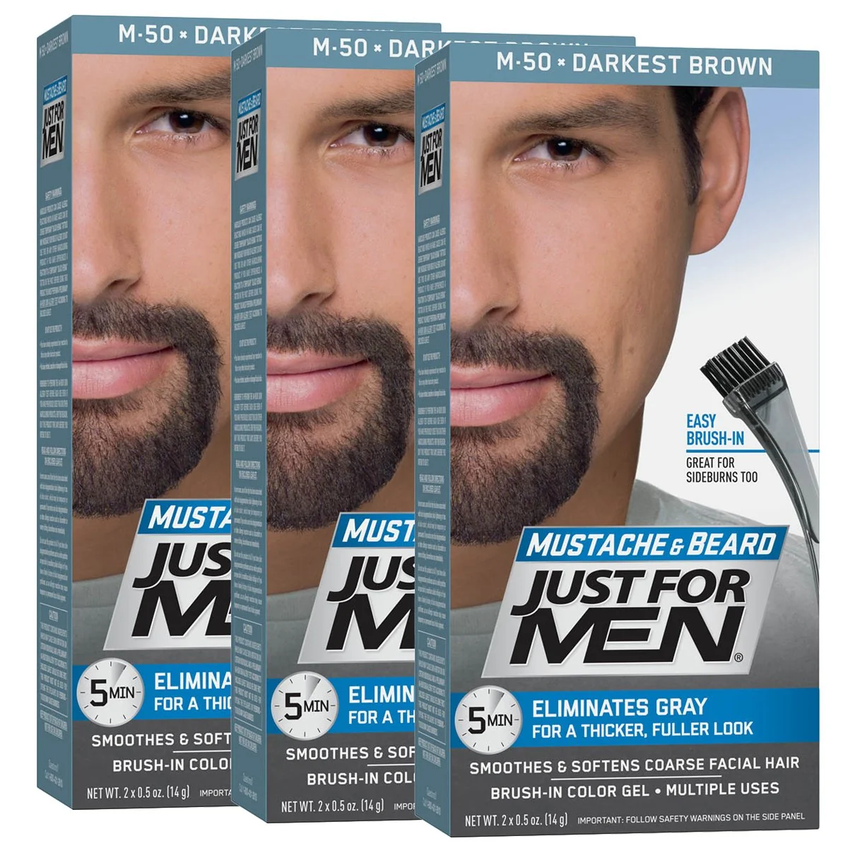 Original Design Just for Men Mustache and Beard Brush-In Color Gel Darkest Brown Pack of 3 Clean