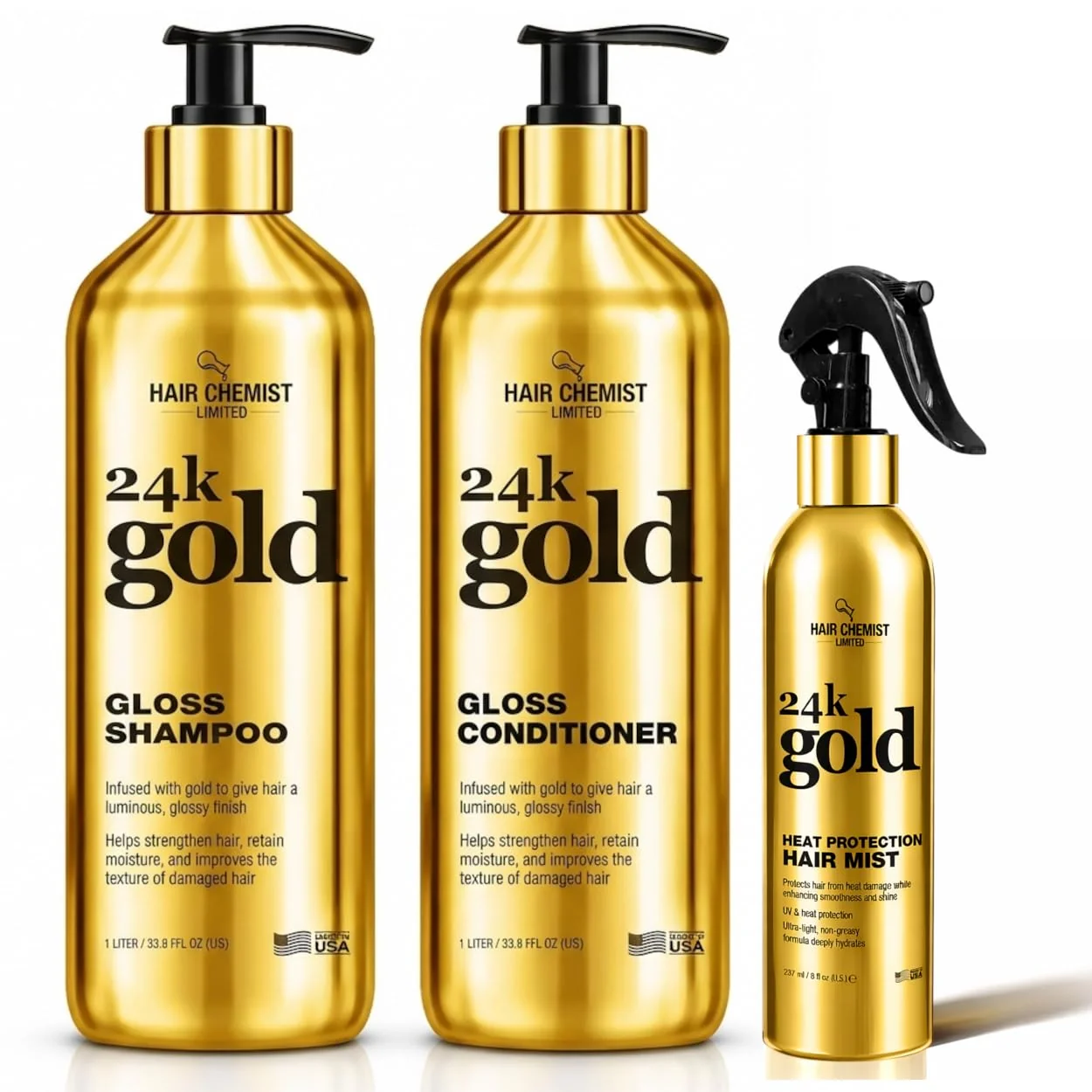 Consistent Hair Chemist 24K Gold Gloss 3-Piece Hair Care Set - Gloss Shampoo 33.8oz Conditioner 33.8oz Heat Protection Hair Mist 8oz - Shine Enhancing Premium