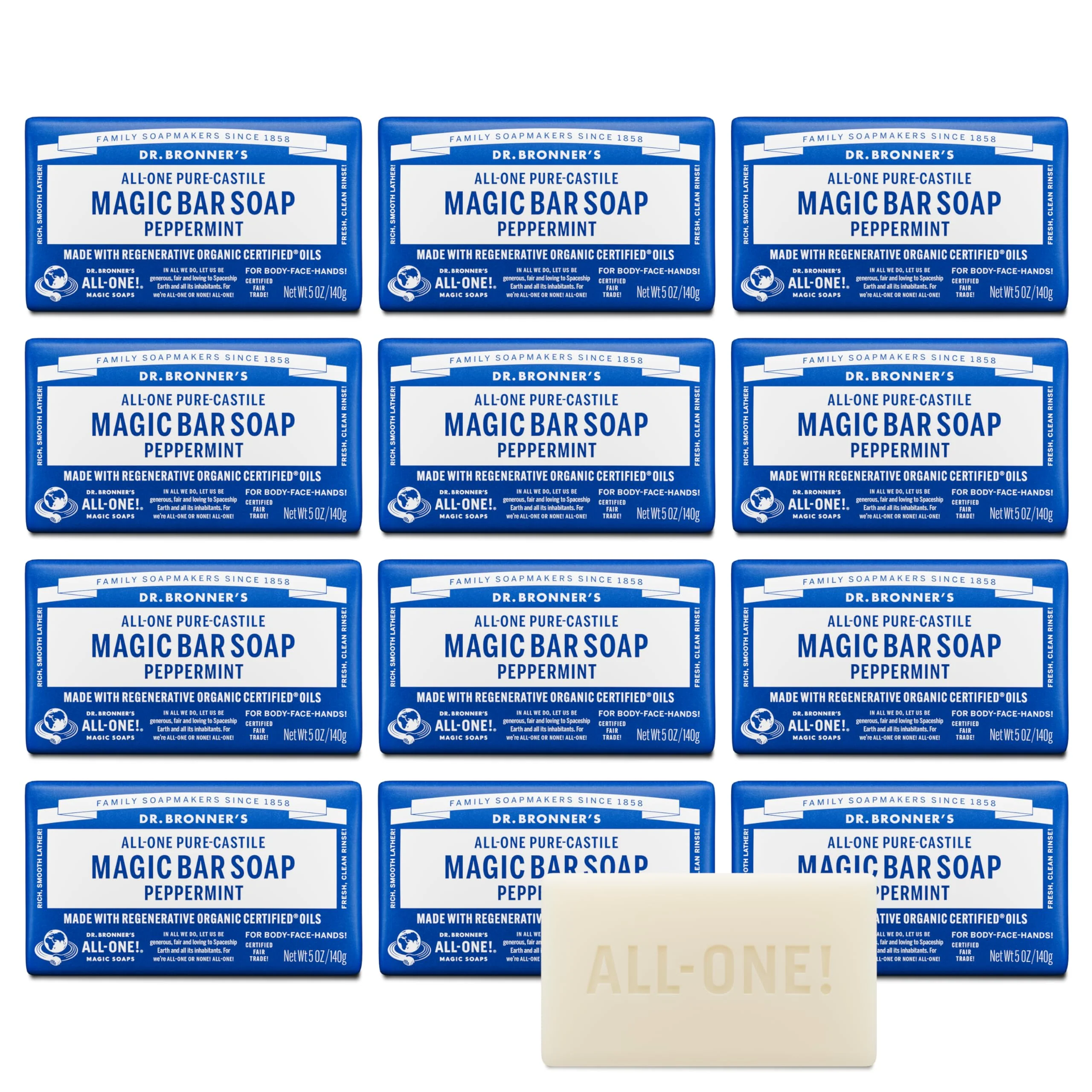 Authentic Dr. Bronner's Pure-Castile Bar Soap Peppermint 5oz 12-Pack - Made with Regenerative Organic Oils Soap Bars for Men Women Sophisticated