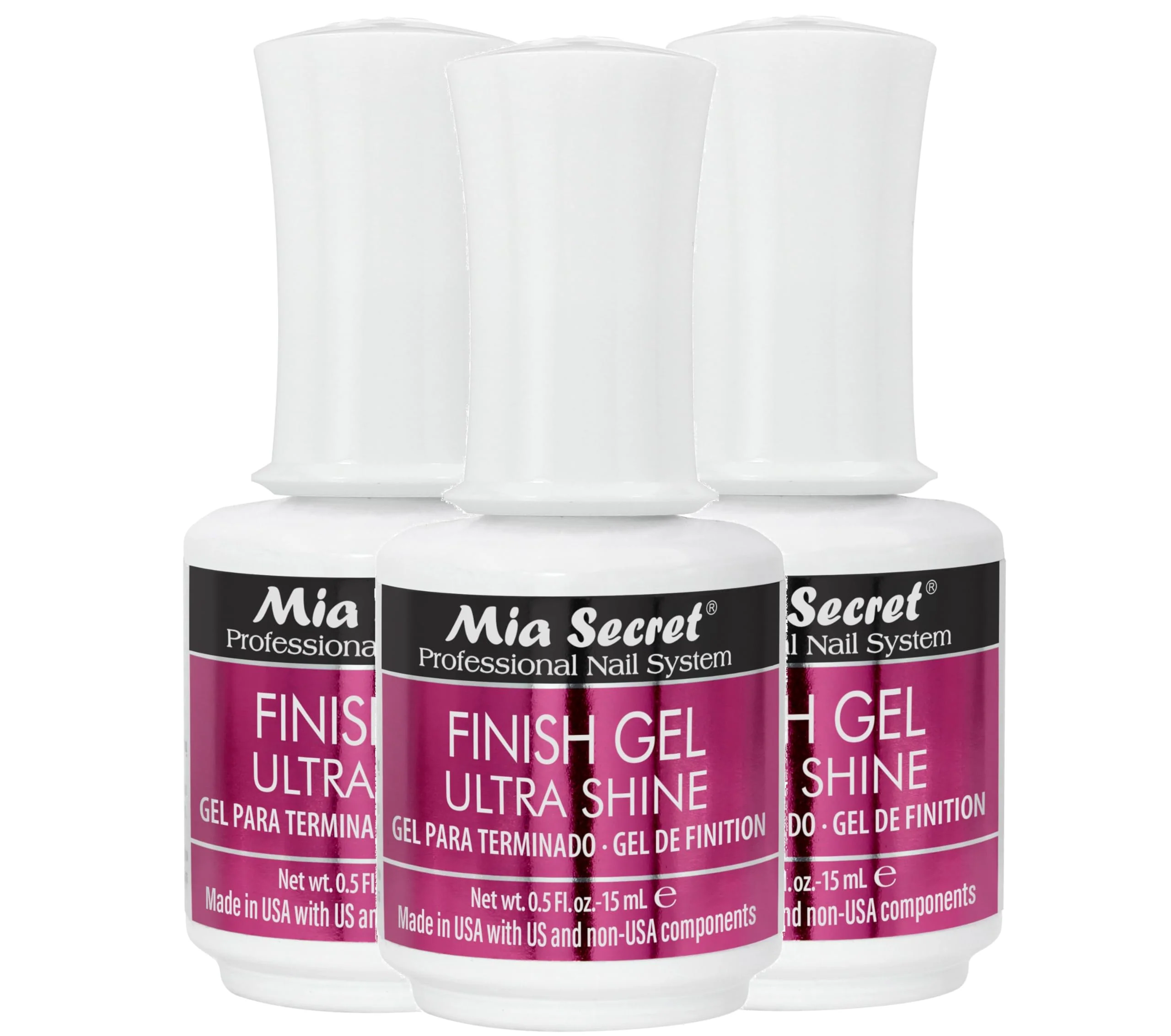Dependable Mia Secret Finish gel top coat for gel or acrylic nails 3-PIECE PACK - No wipe clear nail polish - High gloss top coat for artificial nails 3-Piece Certified
