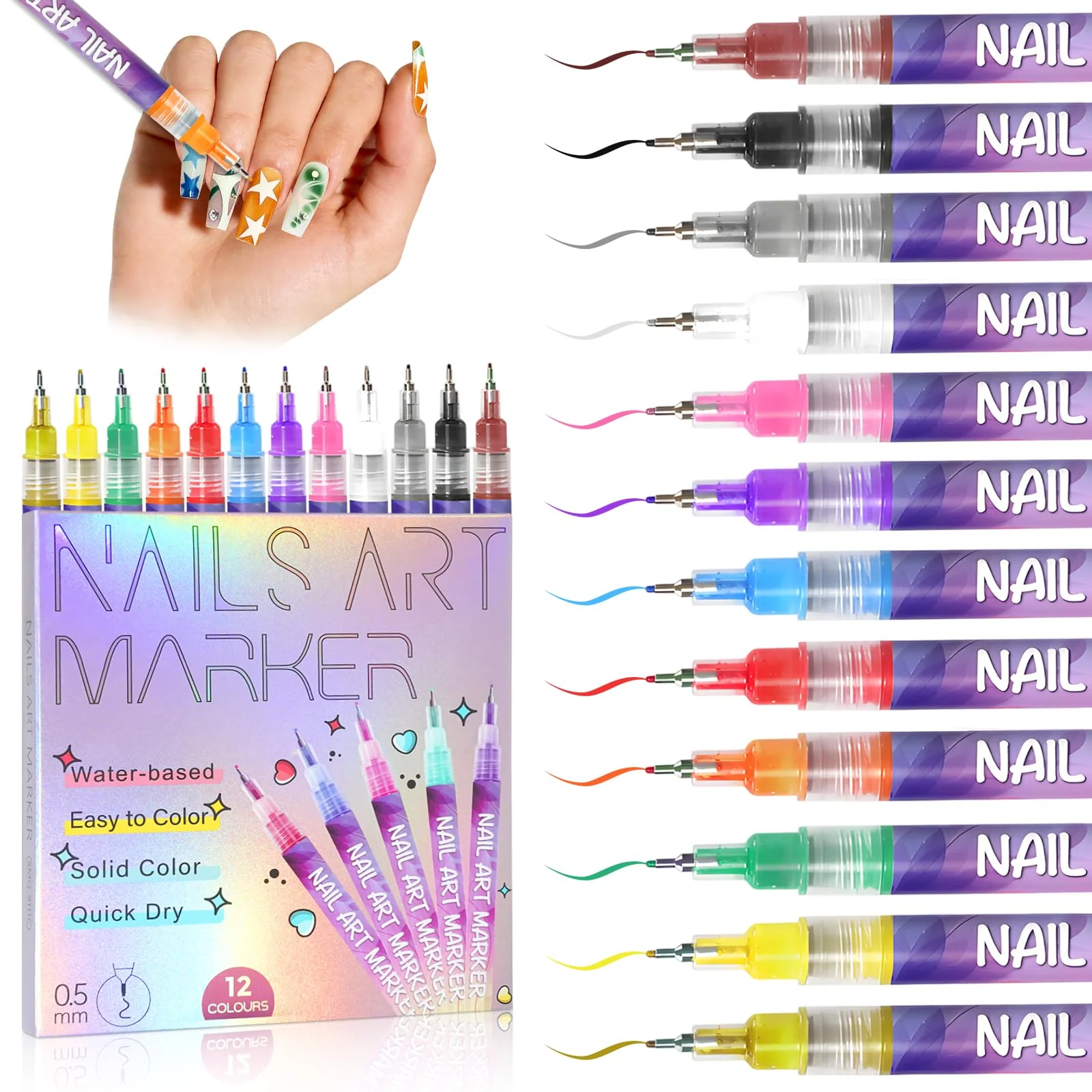 Exceptional 12 Colors Nail Art Marker Pens Set Nail Markers for Nail Art Suitable for Nail Art Nail Painting And Artistic Decorations Suitable for Both Expertly Made