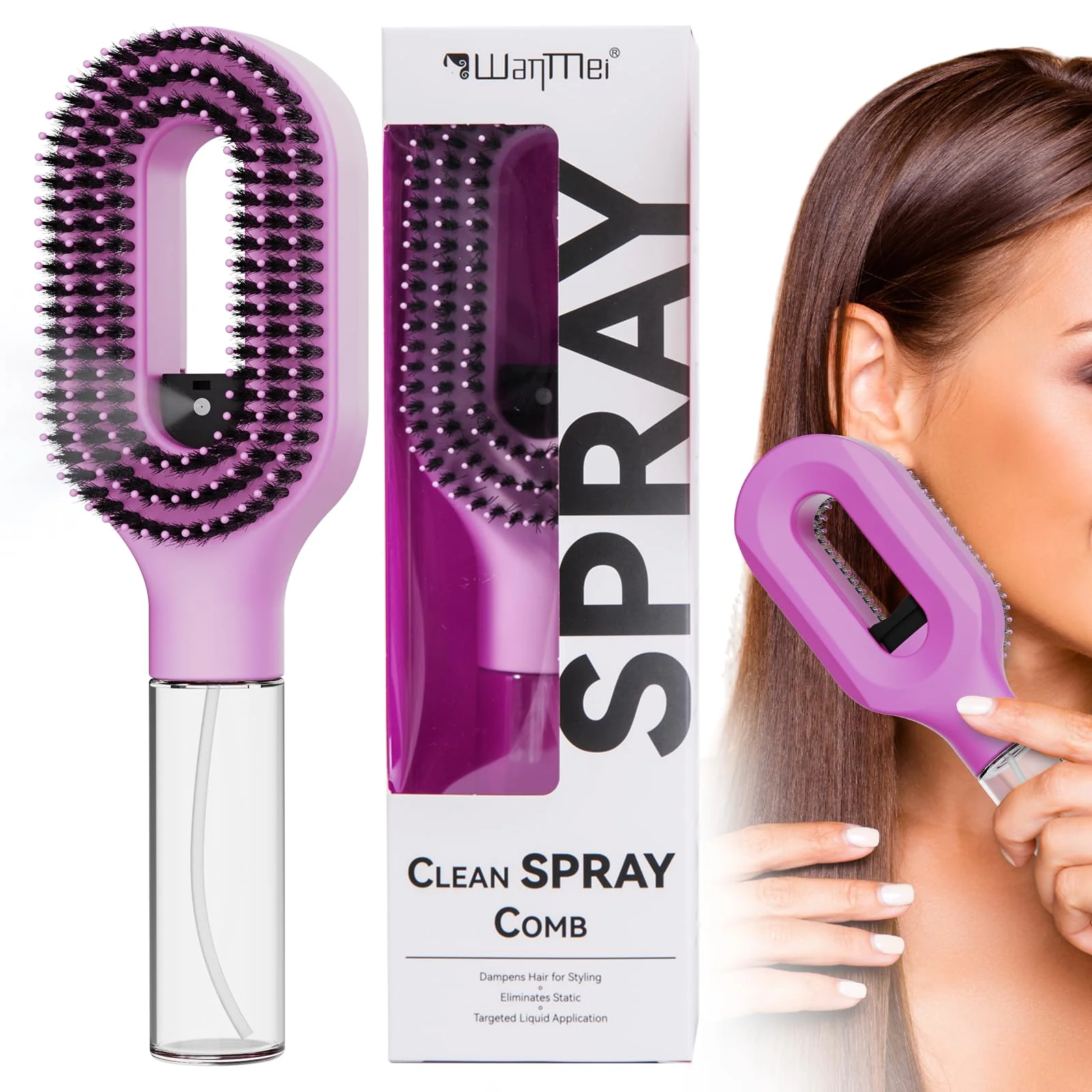 Safe 2-in-1 Misting Hair Brush with Built-In Water Spray Fine Mist Detangling Hairbrush for Curly Thick Wavy Hair Anti-Frizz Wet Dry Styling Tool Lightweight