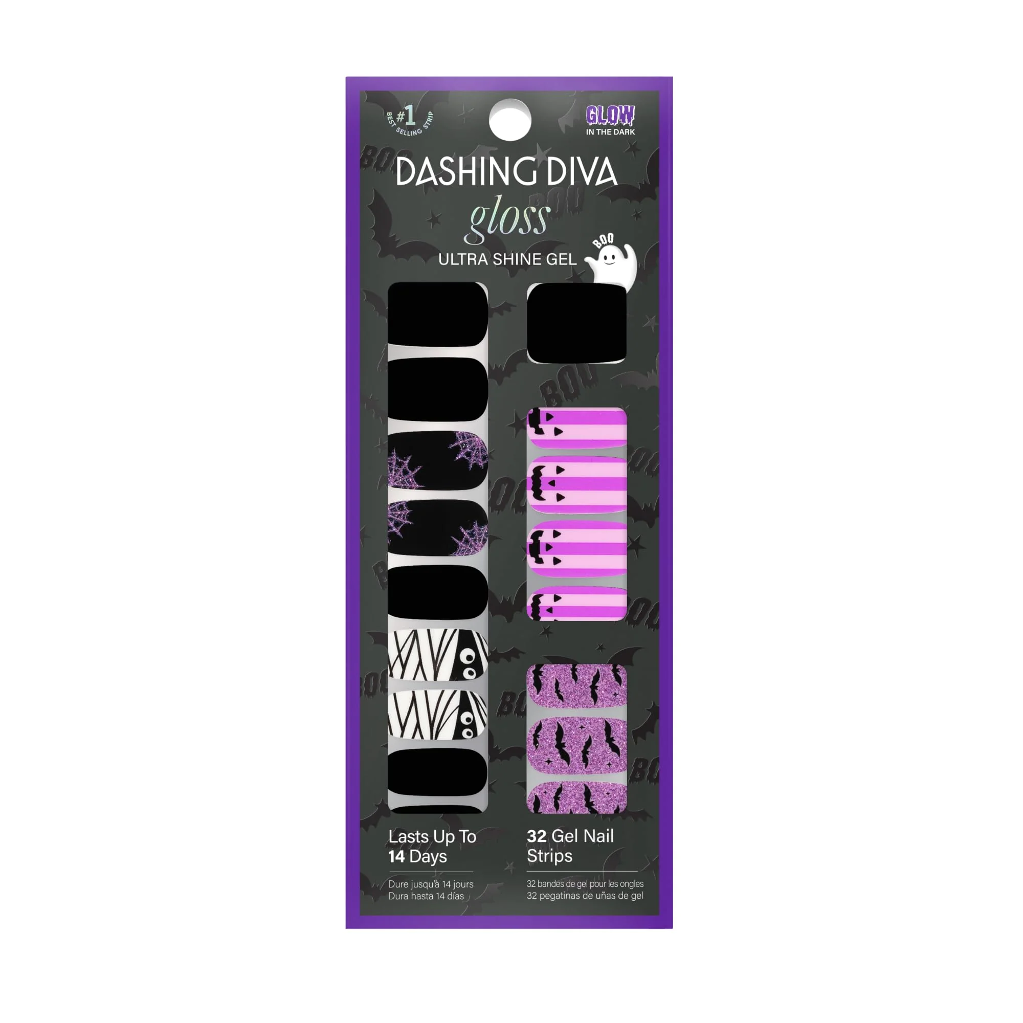 Versatile Dashing Diva Gloss Nail Strips - My Boyfriend Jack - UV Chip Resistant Long Lasting Gel Nail Stickers - 3-Piece Halloween Glow-In-The-Dark Advanced