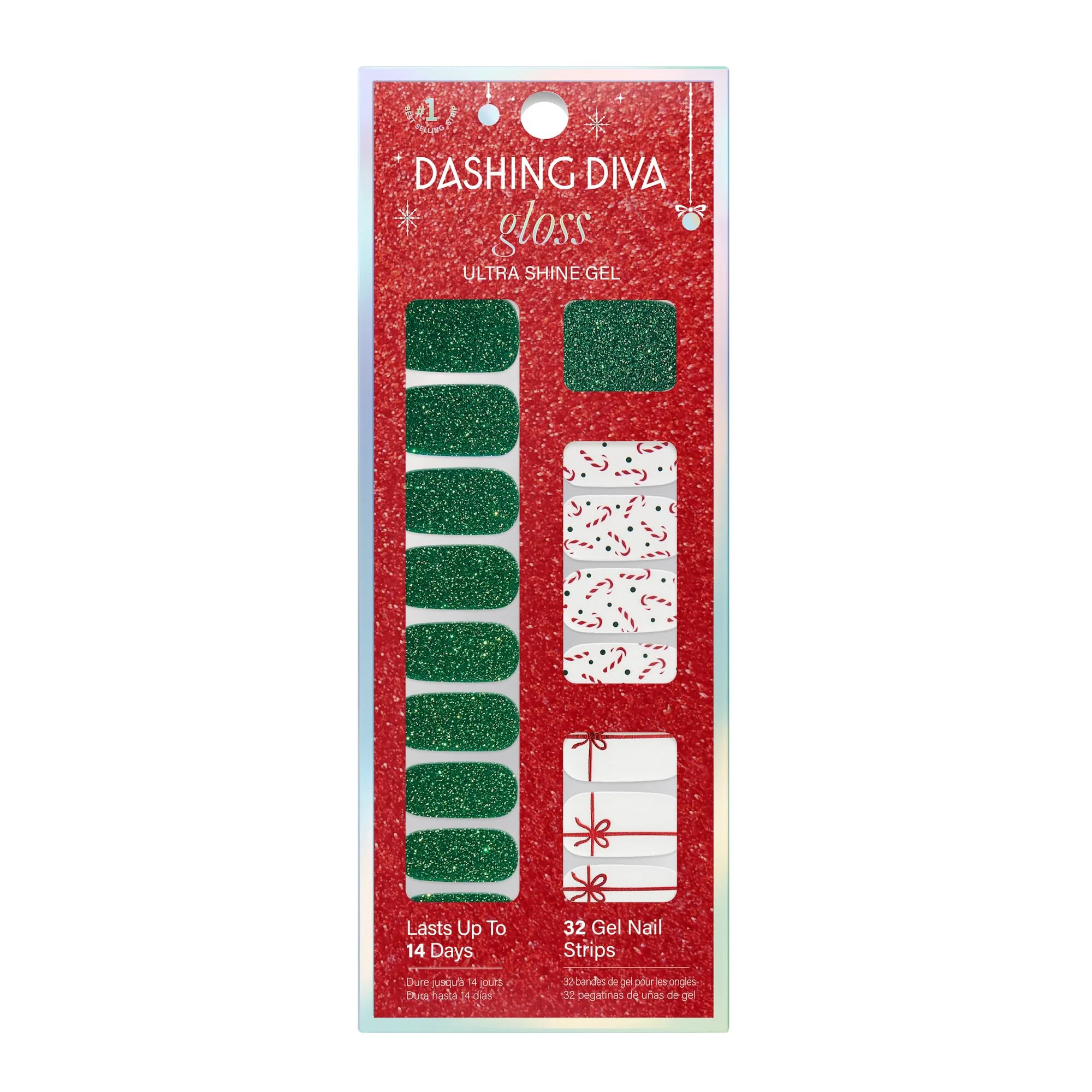 Proven Dashing Diva Gloss Nail Strips - Santa Baby - UV Chip Resistant Long Lasting Gel Nail Stickers - 3-Piece Manicure Set - Contains 32 Wraps 1 Solid