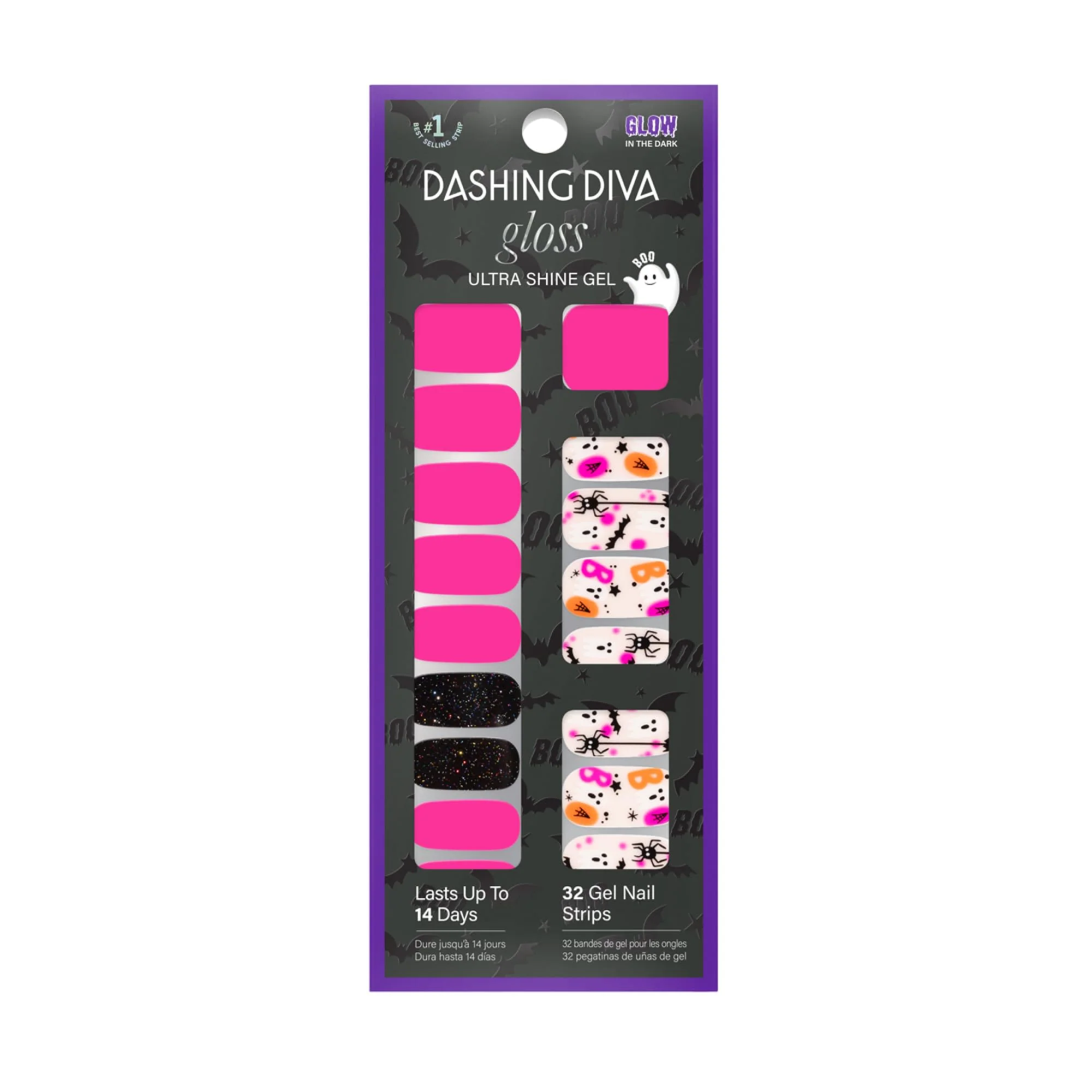 Clean Dashing Diva Gloss Nail Strips - The Friendly Ghost - UV Chip Resistant Long Lasting Gel Nail Stickers - 3-Piece Glow-In-The-Dark Manicure Set Detailed