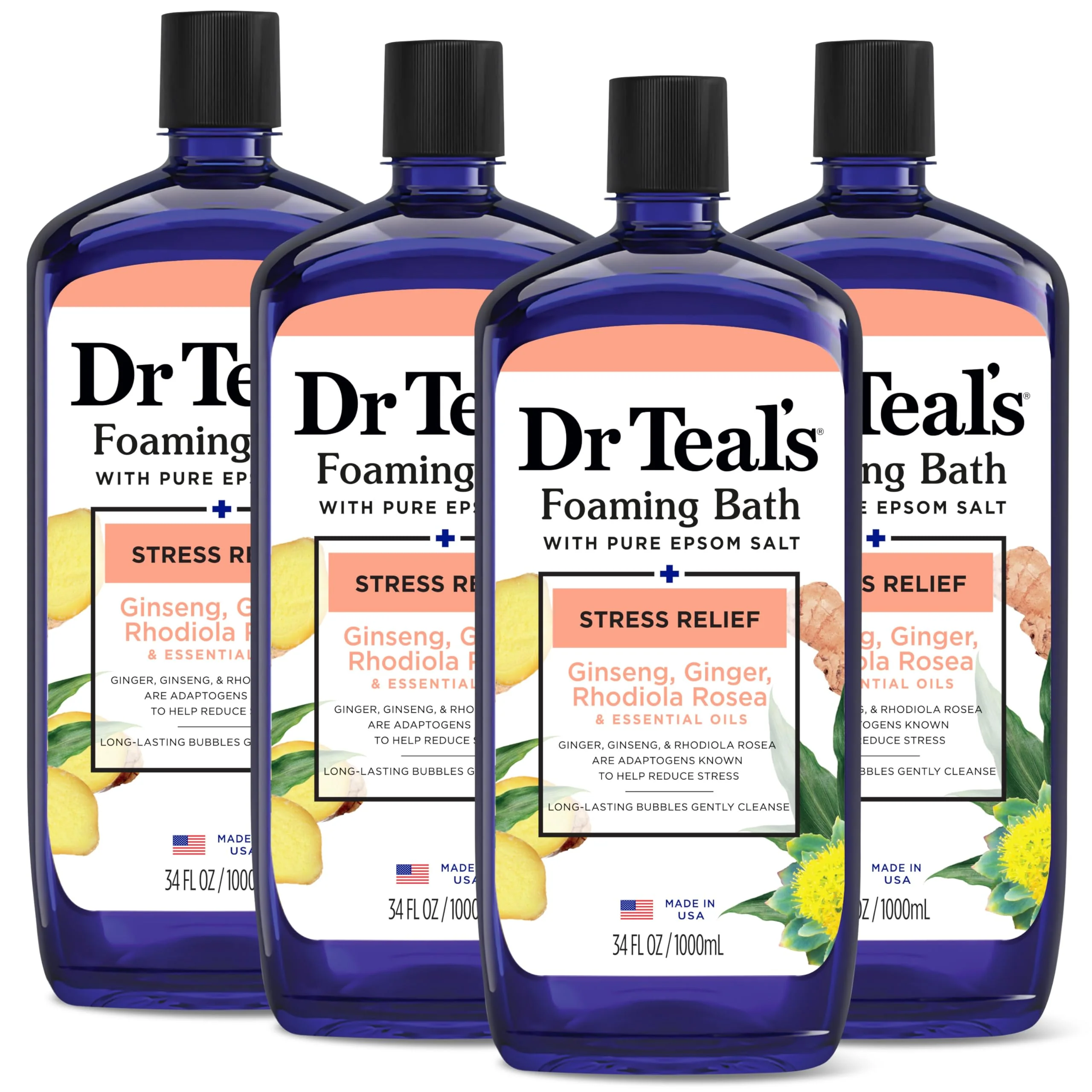 Authentic Dr Teal's Foaming Bath with Pure Epsom Salt Stress Relief with Ginseng Ginger 34 fl oz Pack of 4 Selected