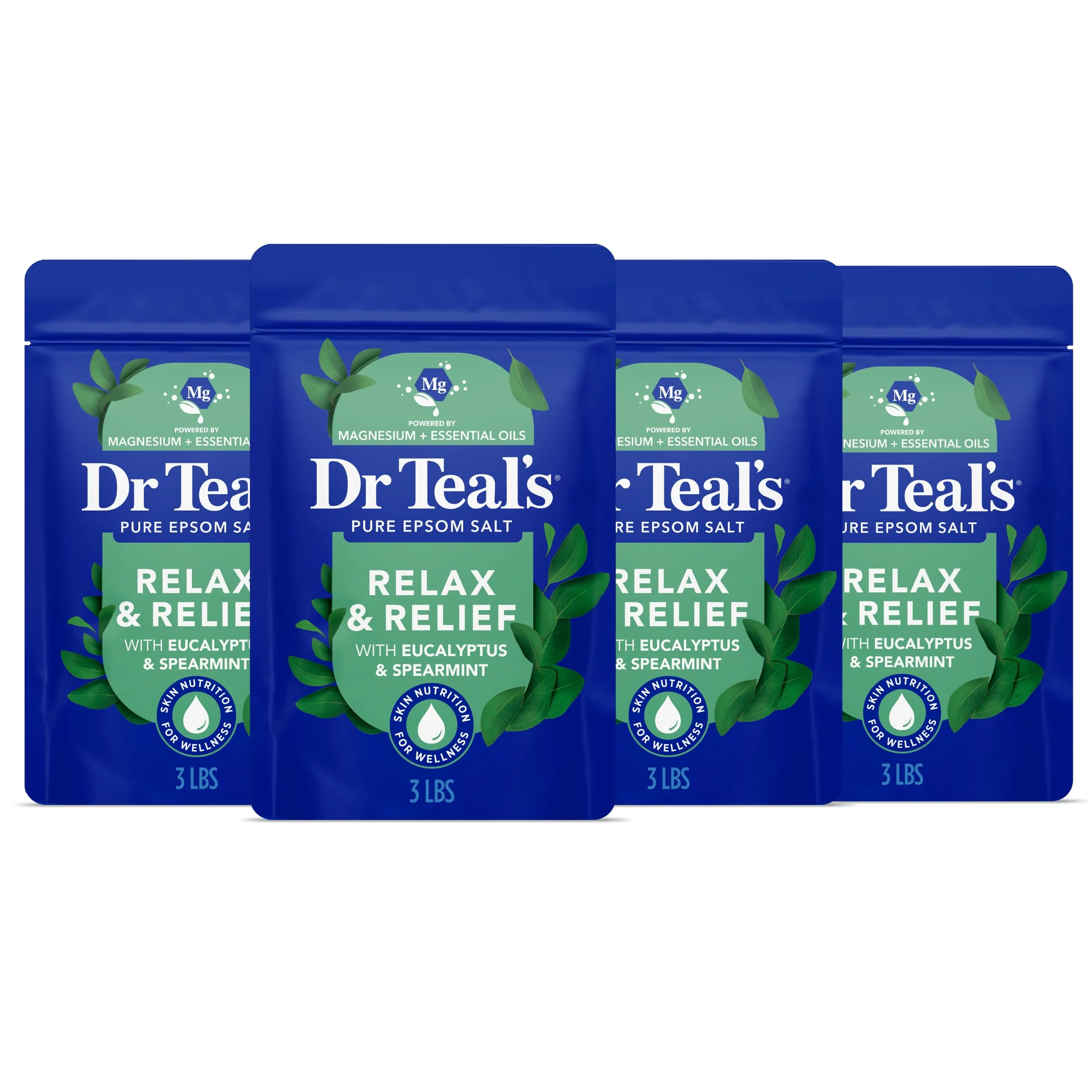 Prestigious Dr Teal's Pure Epsom Salt Relax Relief with Eucalyptus and Spearmint 3 lb Pack of 4 Flexible