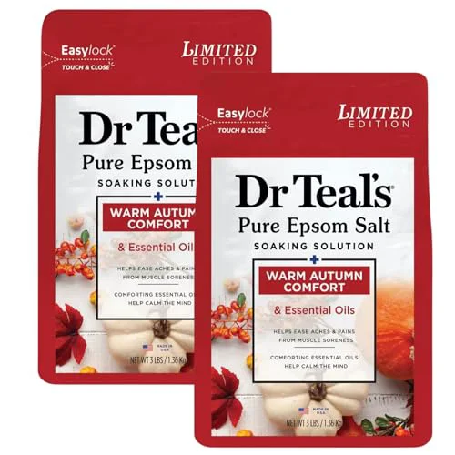 Original Dr Teal's Warm Autumn Comfort Pure Epsom Salt Soak 3 lbs Each - 2 Pack of Limited Edition Fall Scent Autumn Optimized
