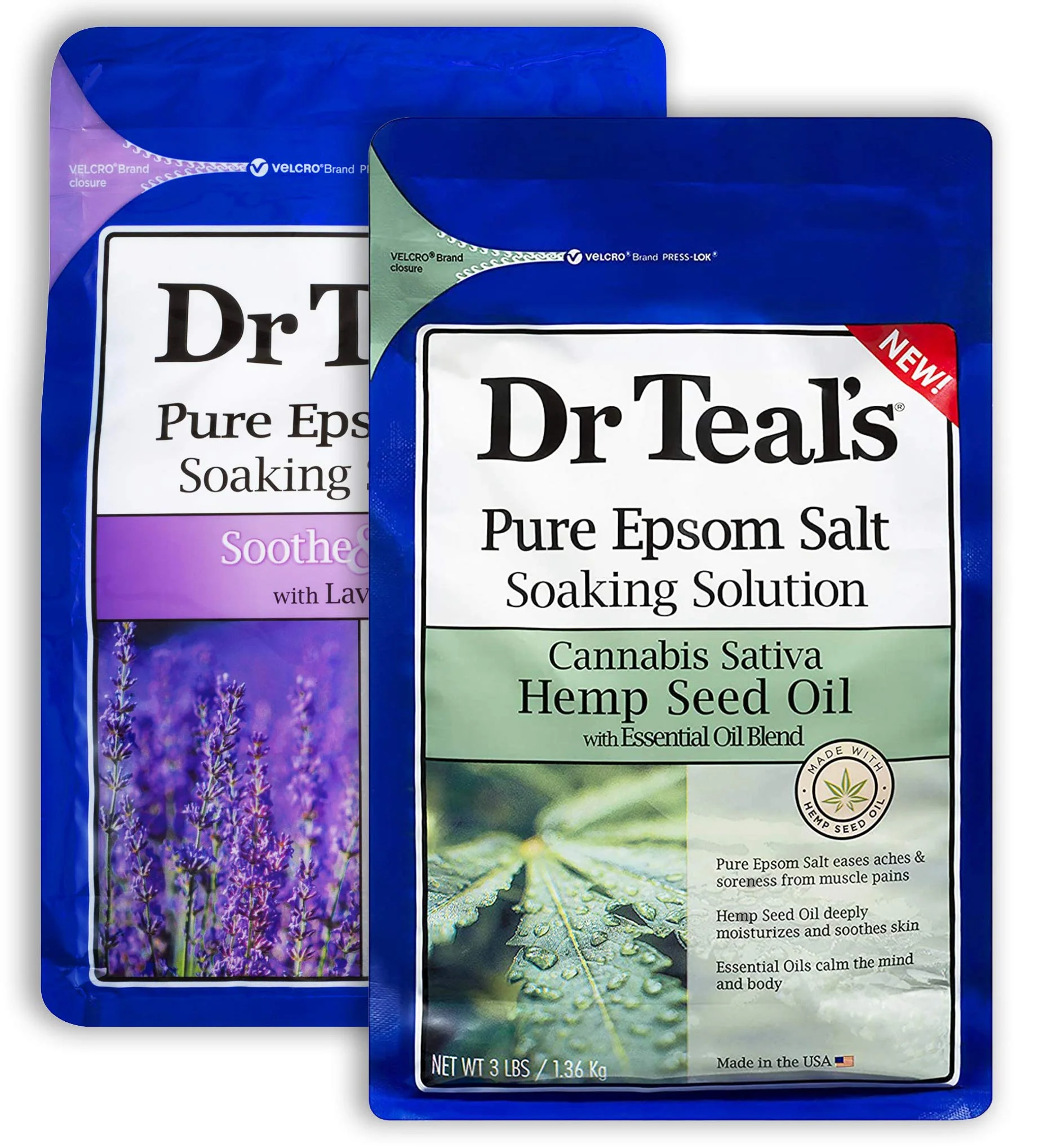 Safe Dr. Teal's Pure Epsom Salt Soaking Solution Gift Set 2 Pack 3lbs ea. - Soothe Sleep Lavender Cannabis Sativa Hemp Seed Oil with Essential Oil Green