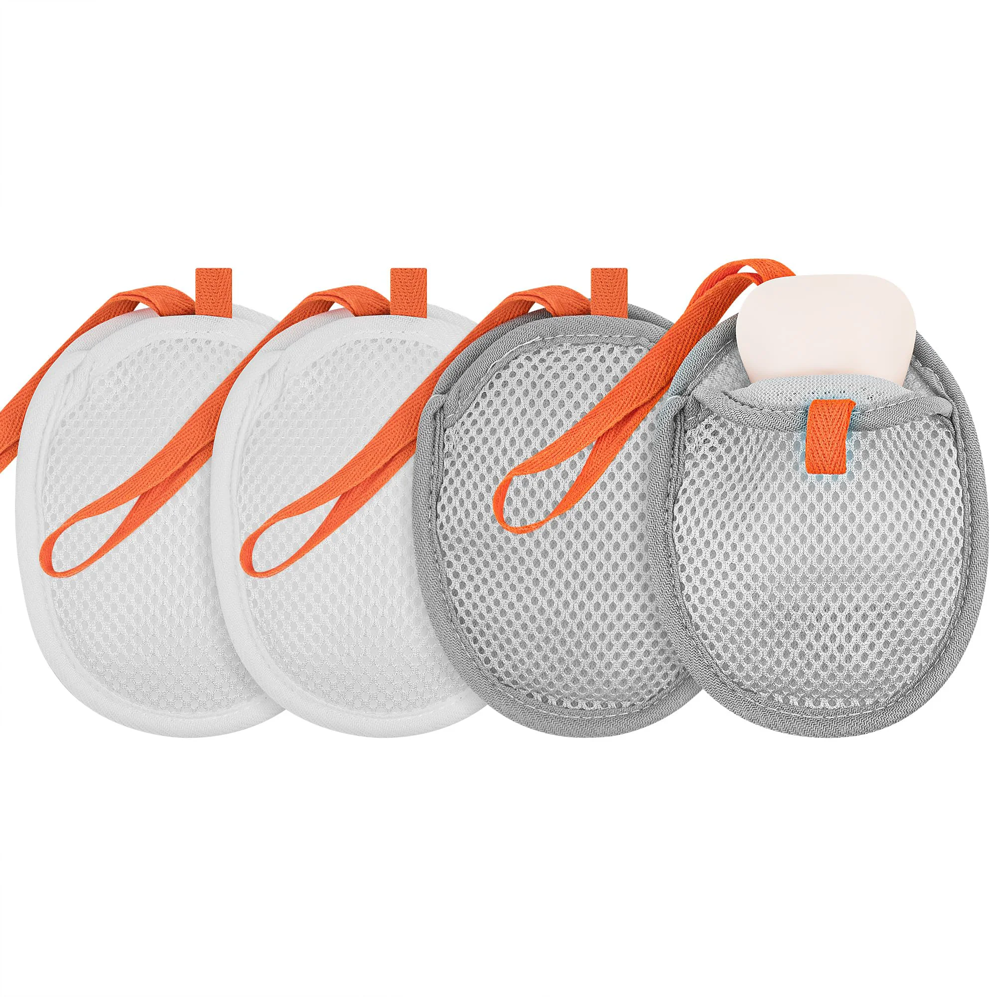 Pure Linkidea 4 Pack Small Soap Saver Pouch Soft Exfoliating Body Sponge Scrubber with Hand Loop Mesh Foam Lather Pocket for Shower Bath Washing Oval Unique