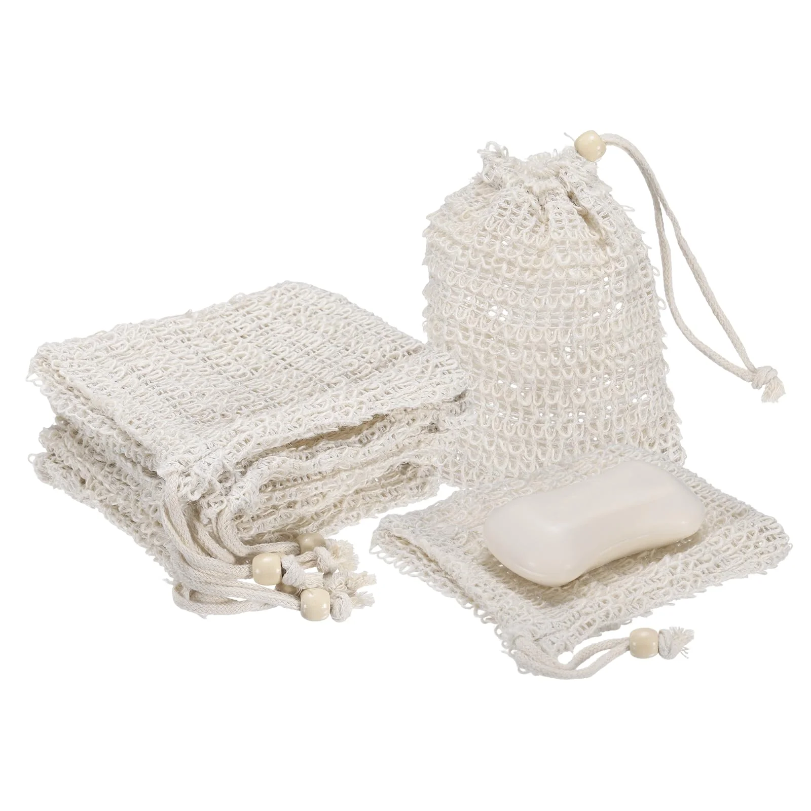 Solid uxcell 10 Pcs Soap Saver Bag 5.5 x4.7 Mesh Soap Bag with Drawstring White Wooden Bead Cotton Scrubber Pouch Exfoliating Net for Body Shower Foaming Safe