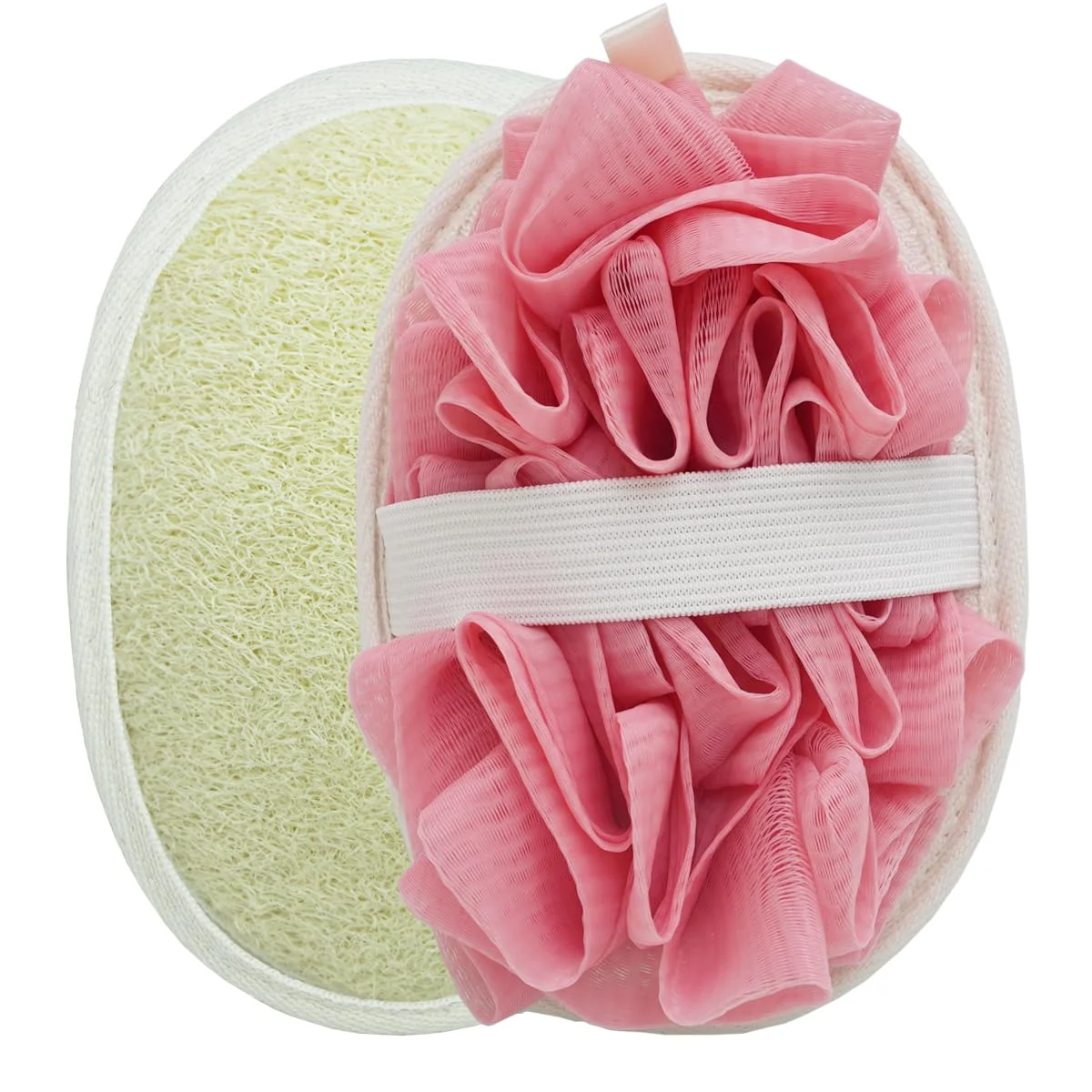 Verified Double Sided Natural Loofah Exfoliating Body Scrubber and Mesh Pouf Bath Sponges for Shower Loofah Pad 2 Piece Set White Pink Reliable