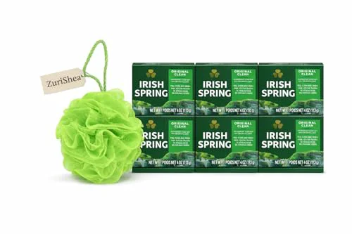 Enhanced Irish Spring Bar Soap Bundle with ZuriShea Mesh Bath Sponge - Includes 6-Pack Irish Spring Bar Soap 4oz Exfoliating Bath Sponge. Selected