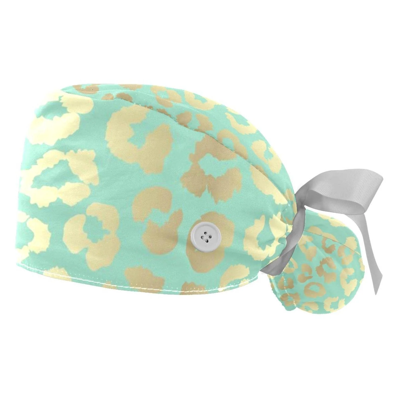 Crafted Anna Cowper Women's Leopard Green Animal Print Bouffant Surgical Cap with Ponytail Pouch Button Sweatband Adjustable Size Convenient