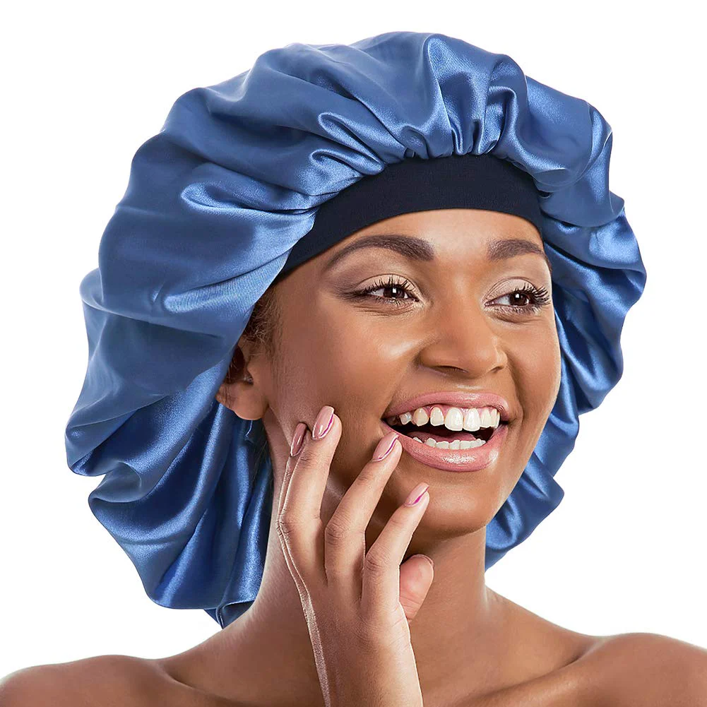 Comfortable Double Layer Bonnet Long Satin Cap Head Wrap for Sleeping Blue Dependable