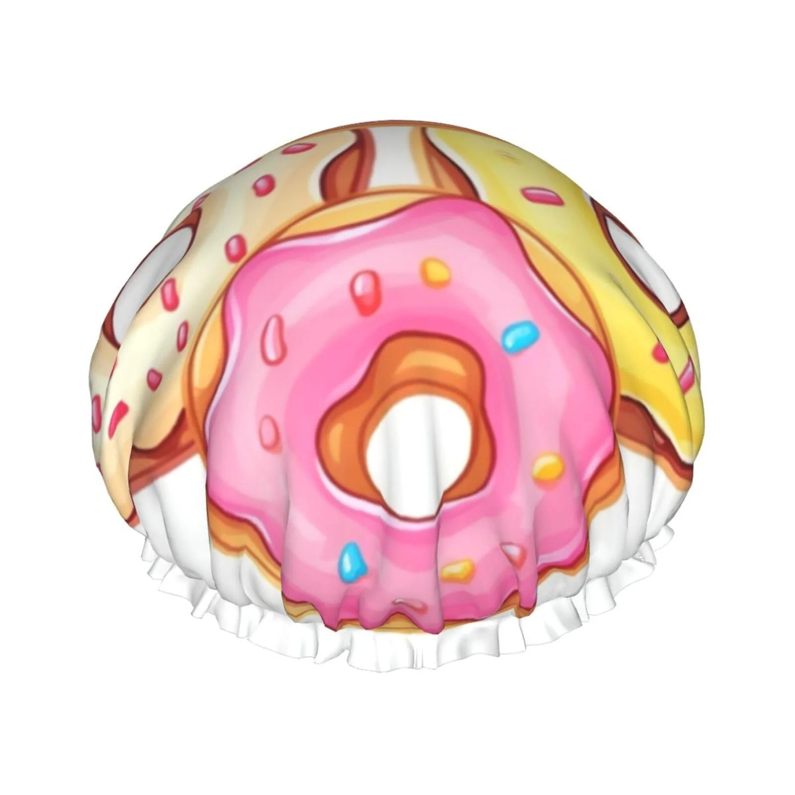 Convenient Cute Donuts Shower Cap for Women Men Large Reusable Shower Bonnet Double-Layer Waterproof Bath Caps Elastic Band Hair Hat for All Hairstyles Exclusive