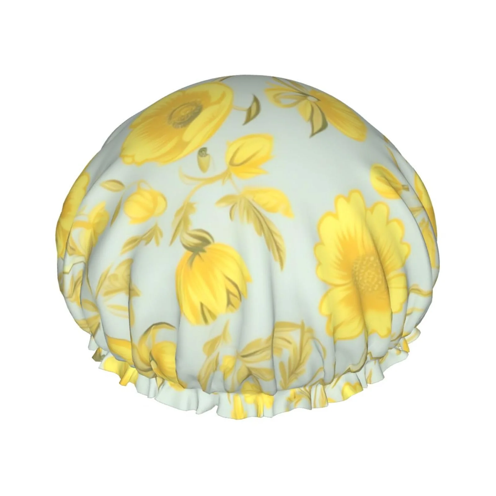 Clean Yellow flower Shower Cap for Women Men Large Reusable Shower Bonnet Double-Layer Waterproof Bath Caps Elastic Band Hair Hat for All Hairstyles Refined