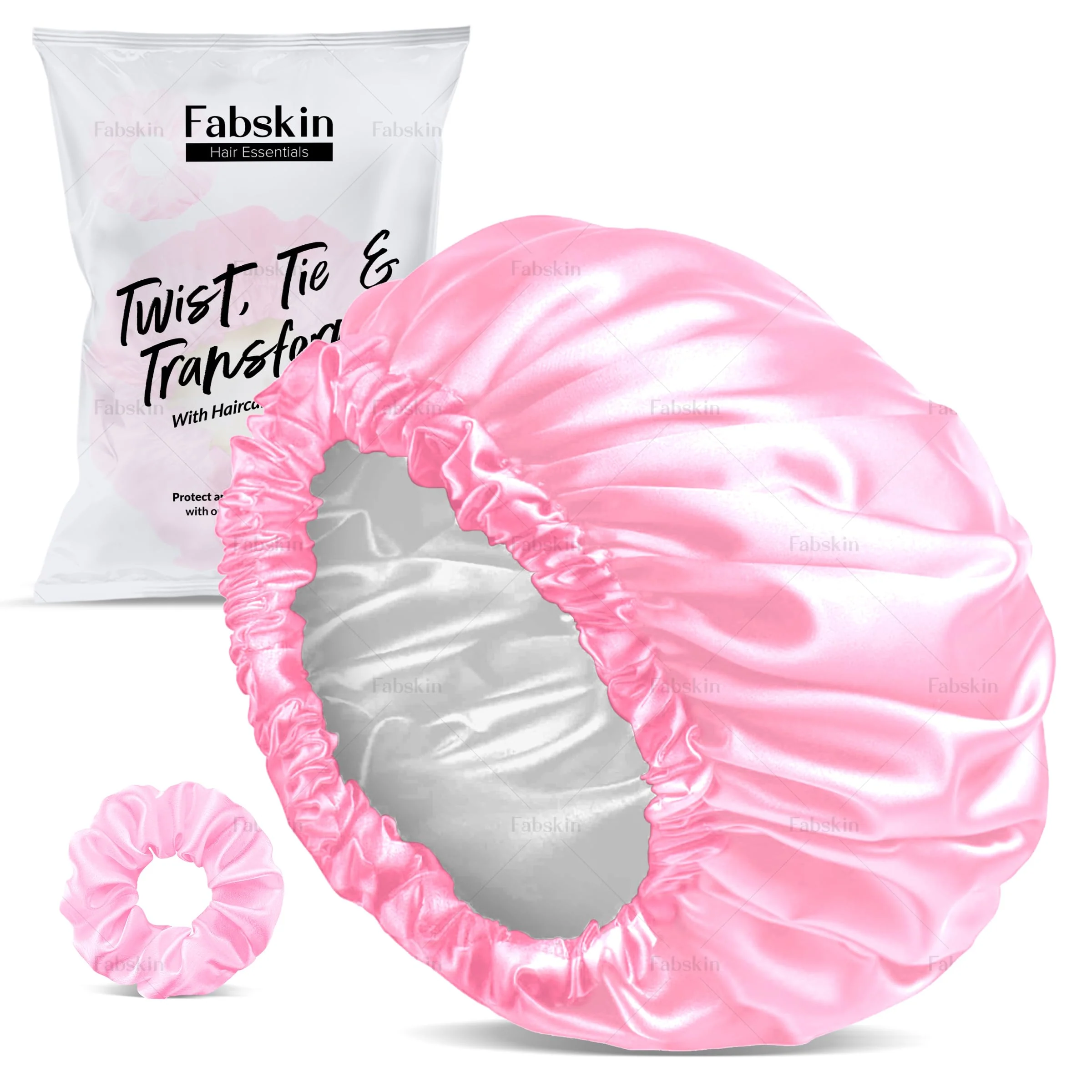 Reusable FABSKIN Luxury Satin Silk Hair Bonnet Cap for Sleeping with Satin Scrunchie - For Women Girls - For Curly All Hair Types PINK Artisan