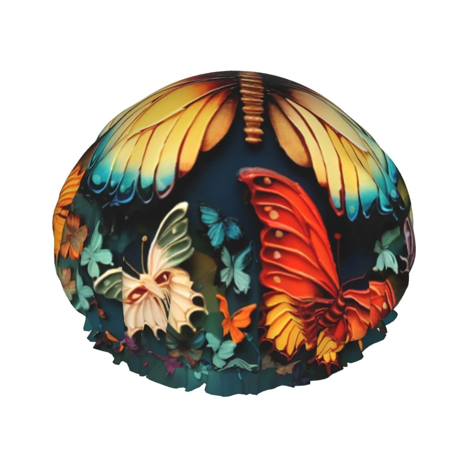 Colorful Butterfly Embroidery Paintings Shower Cap For Women Reusable Double Layers Bathing Bath Cap Hair Caps Waterproof Elastic Band Ladies Spa Professional