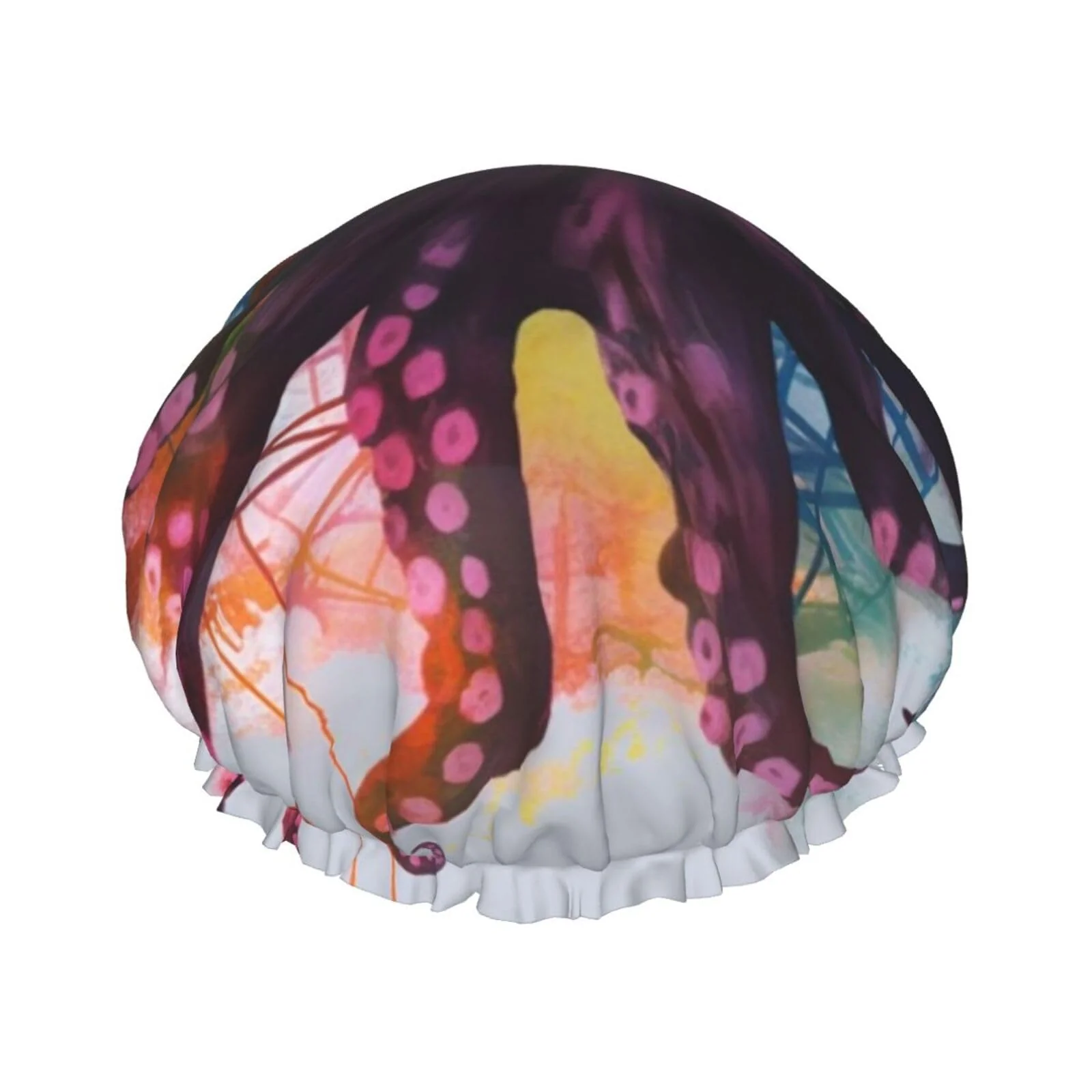 Clean Abstract Colorful Octopus Shower Cap For Women Reusable Double Layers Bathing Bath Cap Hair Caps Waterproof Elastic Band Ladies Spa Salon Shower Hat Advanced