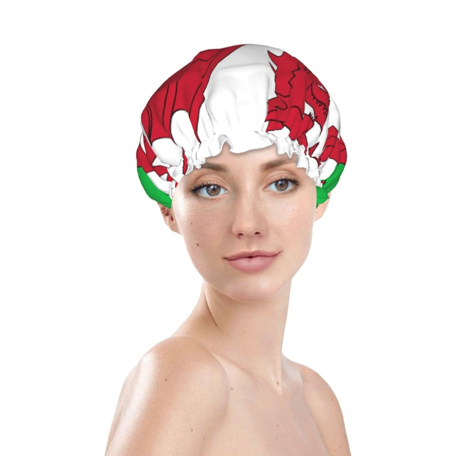 Recyclable Wales Flag Prints Shower Cap Double Layer Lined Waterproof Bathing Shower Hat Luxury