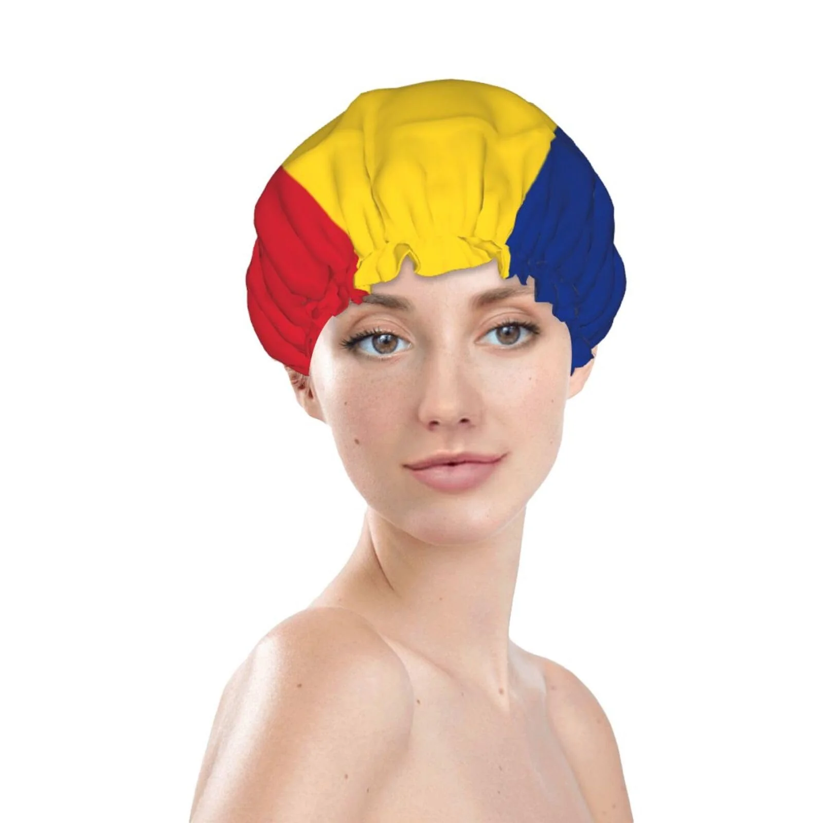 High-Performance Romanian Flag Prints Shower Cap Double Layer Lined Waterproof Bathing Shower Hat User-Friendly