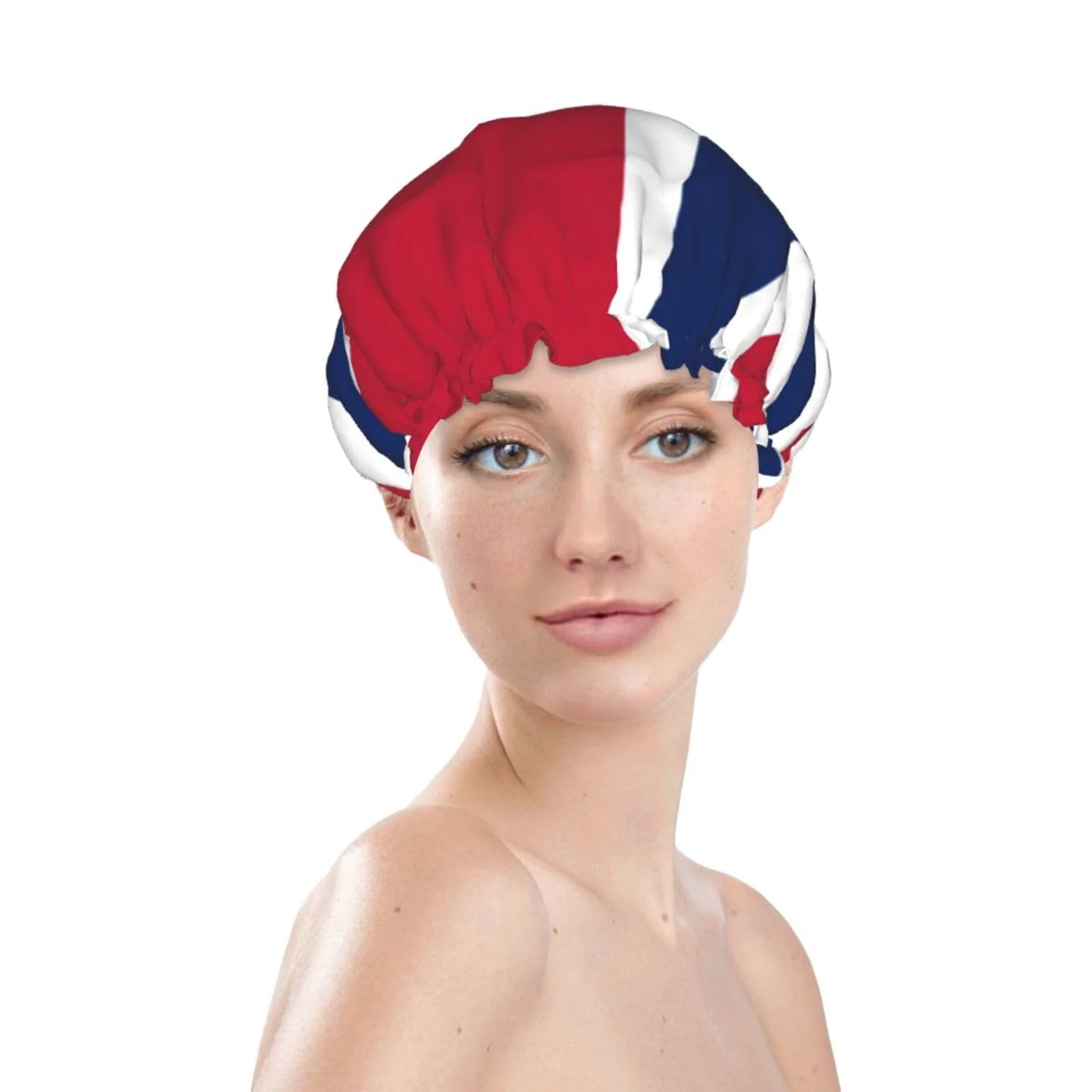 Official Norway Flag Prints Shower Cap Double Layer Lined Waterproof Bathing Shower Hat Recyclable