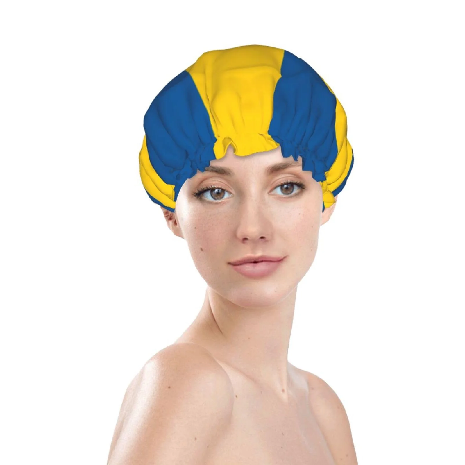 Flexible Swedish Flag Prints Shower Cap Double Layer Lined Waterproof Bathing Shower Hat Proven