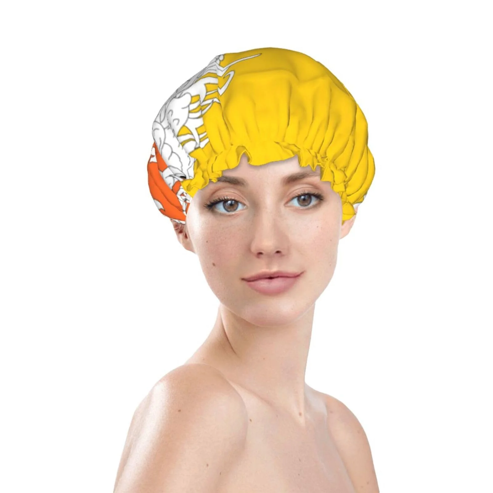 Stylish Bhutan Flag Prints Shower Cap Double Layer Lined Waterproof Bathing Shower Hat Quality